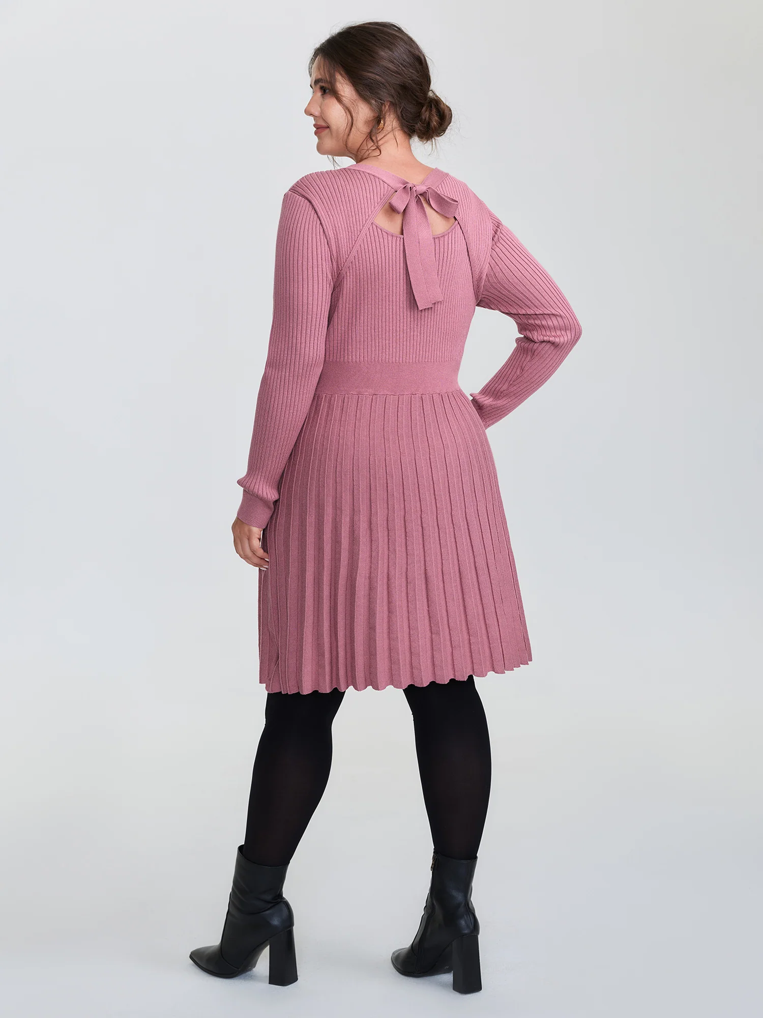 Ribbed Cinched-Waist Bowtie Sweater Dress