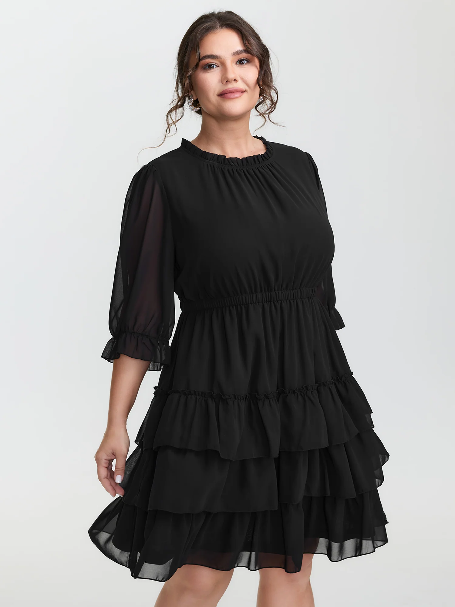 Three-Quarter Sleeve Tulle Skirt Knee-Length Dress