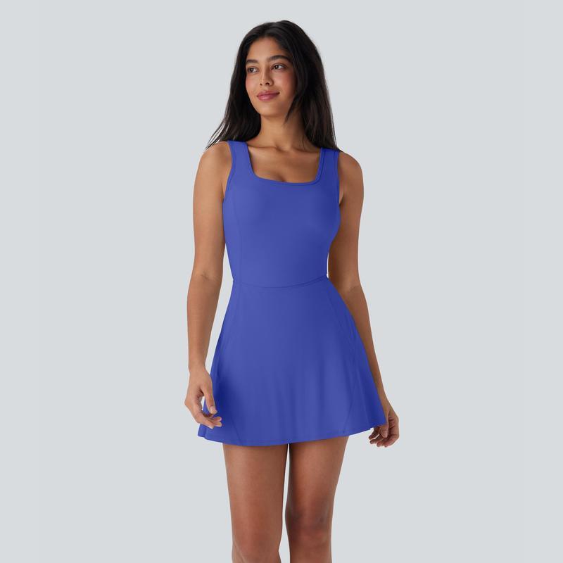 Women's U-Neck Backless Active Dress with Built-In Shorts