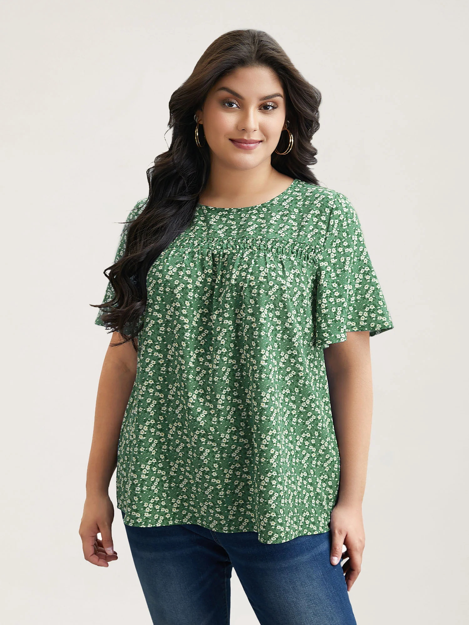 Floral Ruffle Sleeve Gathered Round Neck Blouse