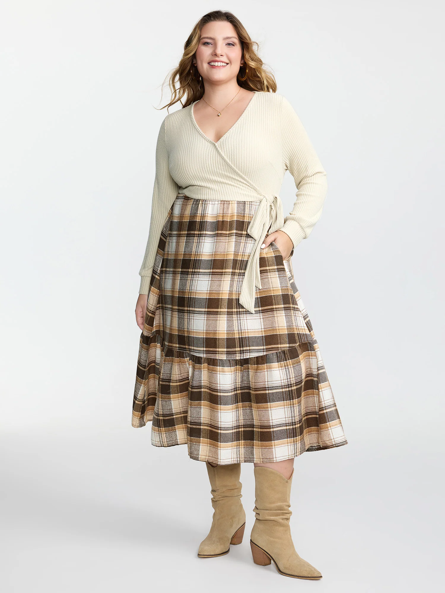Plaid Contrast Wrap Neckline Midi Dress