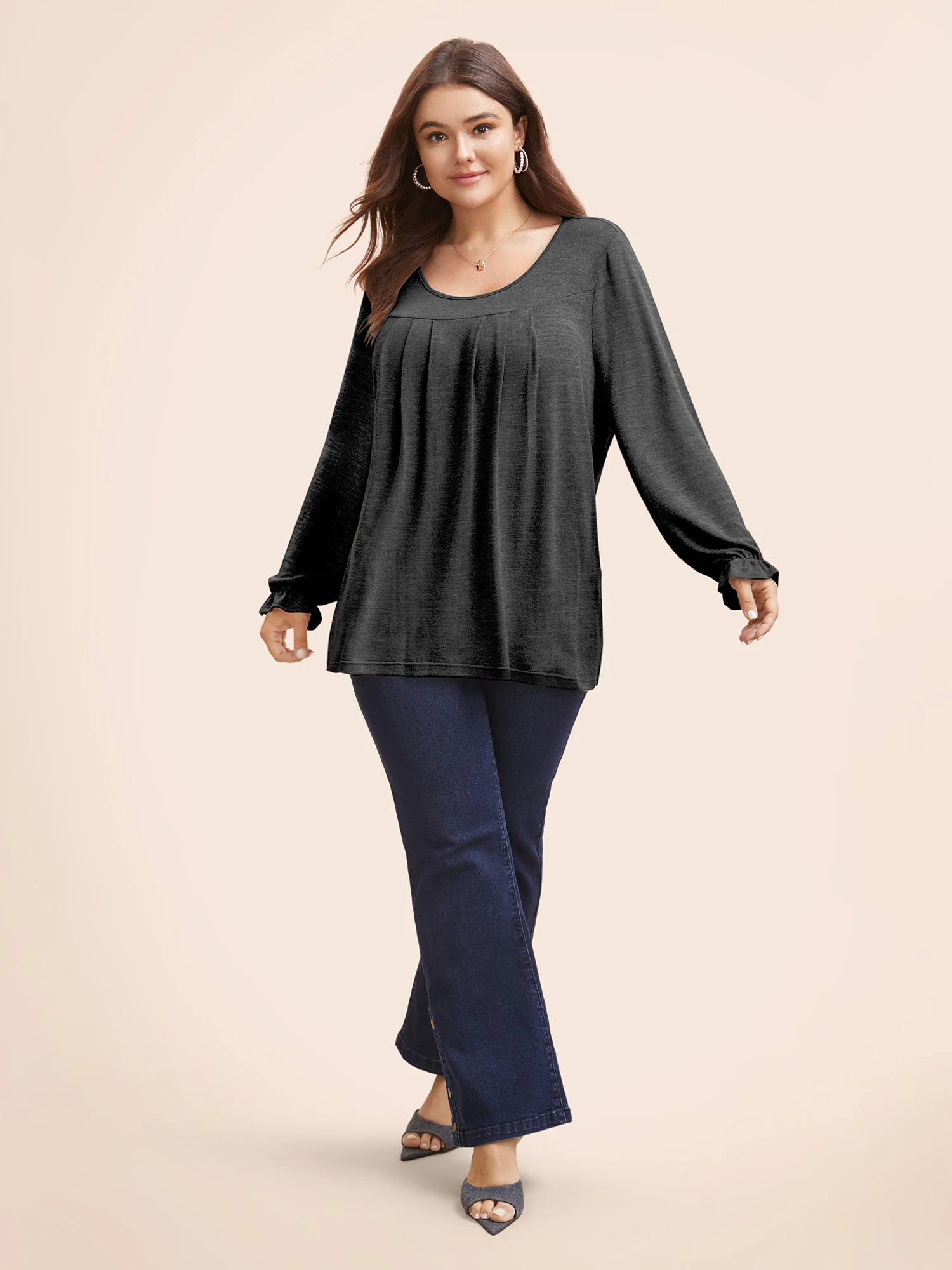 Round Neck Heather Pleated T-shirt