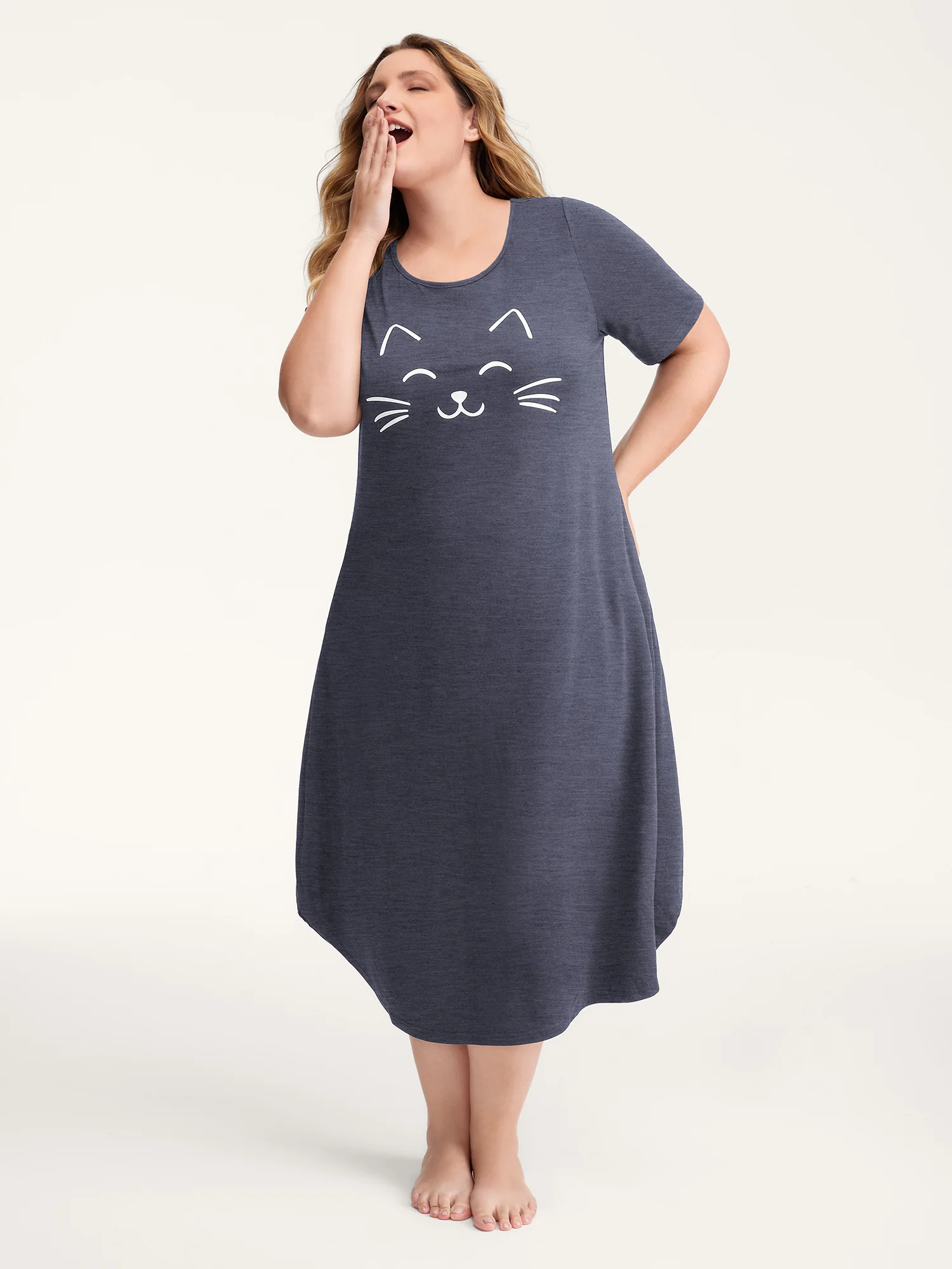 Happy Cat Print Stretchy Contrast Sleep Dress