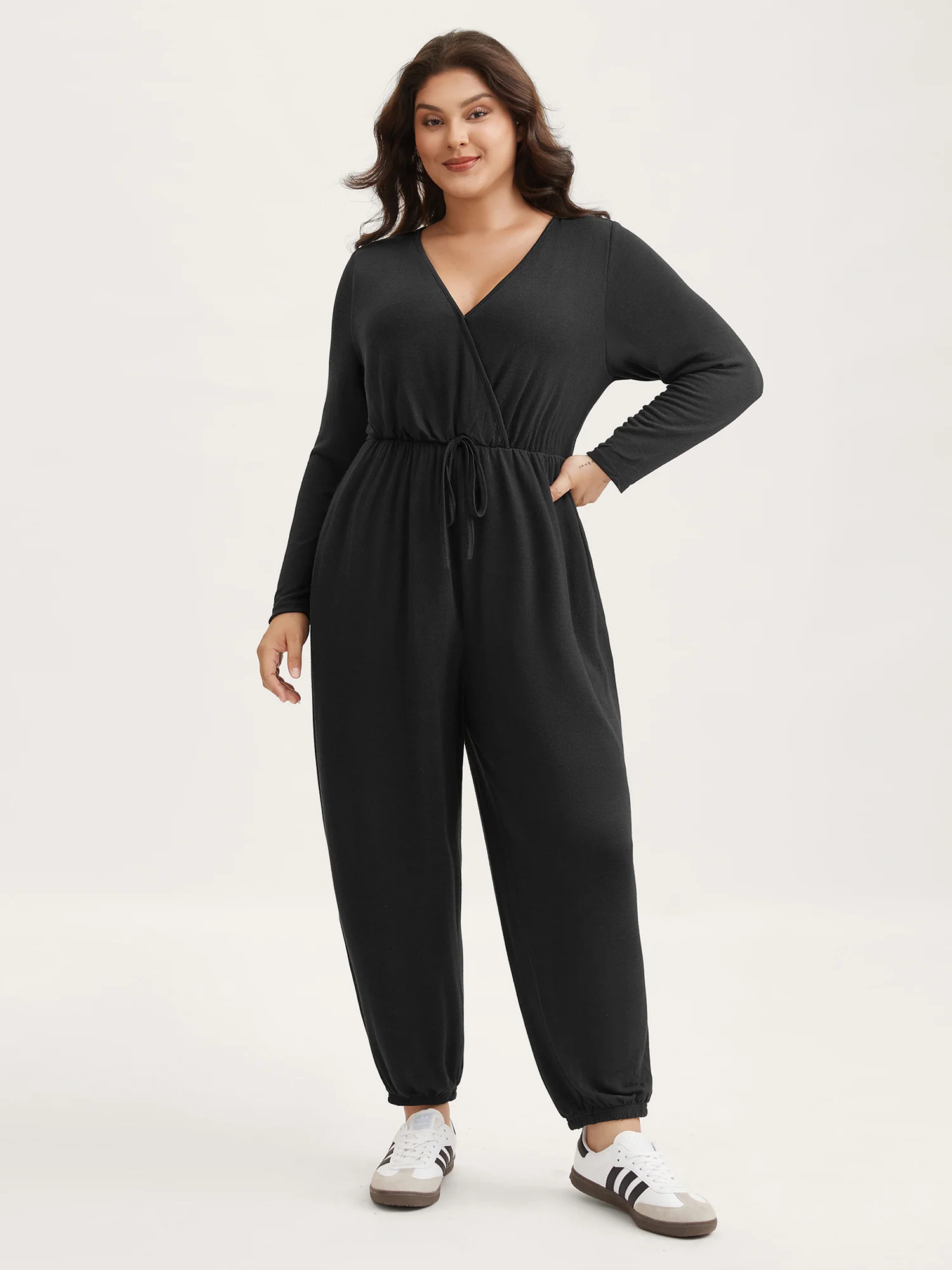 Elastic Waist Overlap Collar Lounge Jumpsuit