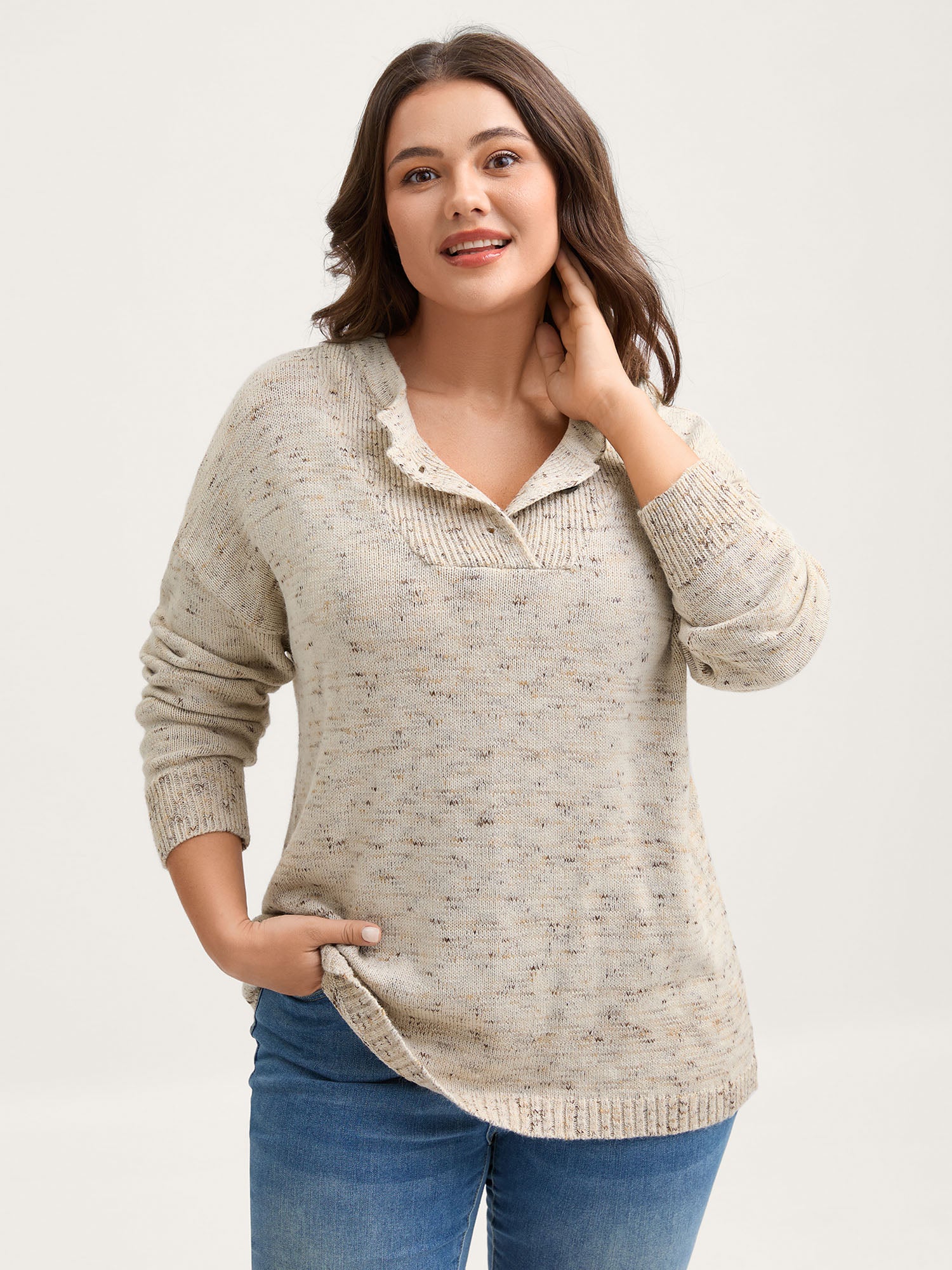 Heather Textured Button Neck Pullover
