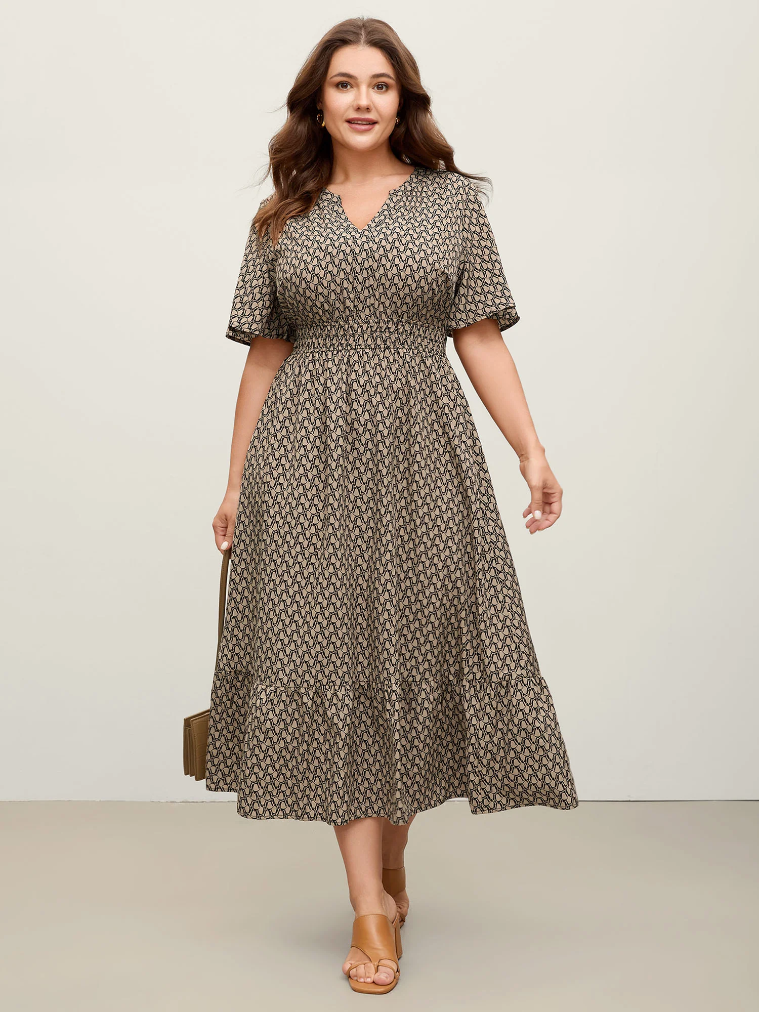 Geometric Print Waist-Cinched Tiered Midi Dress