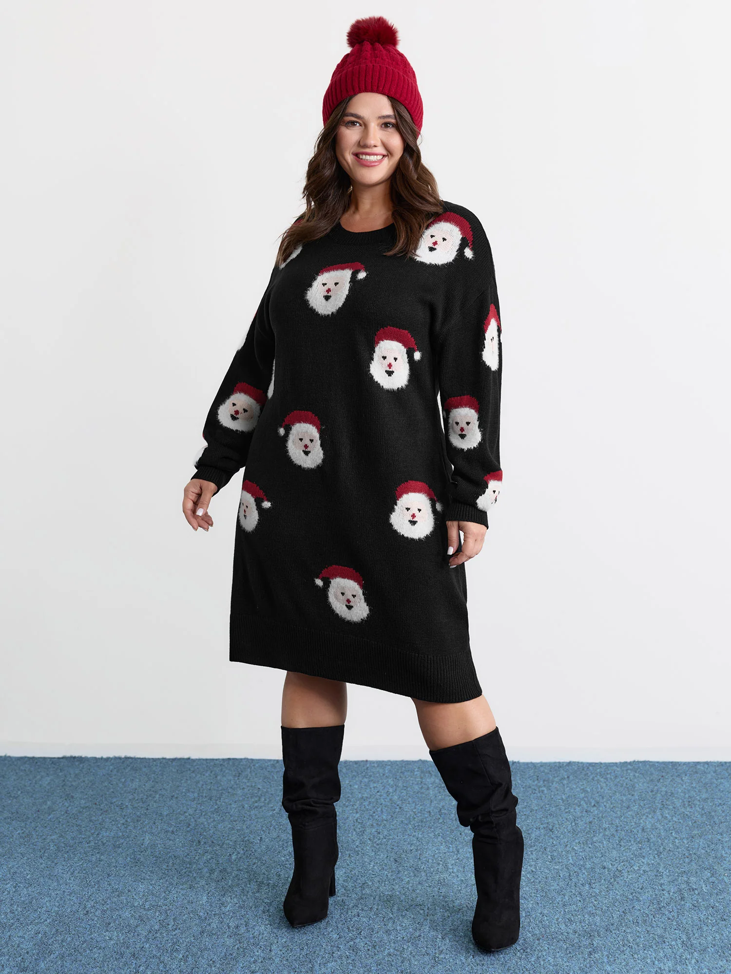Santa Claus Print Embroidered Textured Sweater Dress