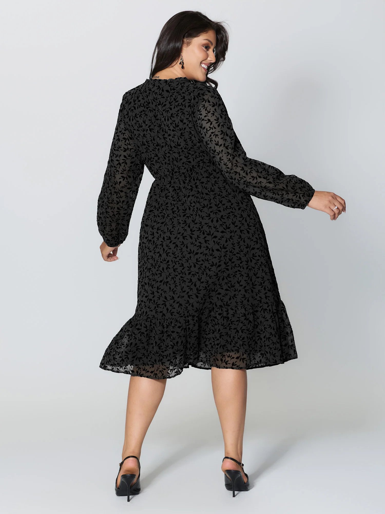 Flocked Floral Shirred Ruffled Neck Midi Dress