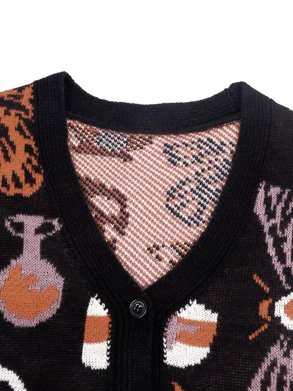 Women's Halloween Themed All Over Hybrid Skull Knit Button Front Cardigan, Casual Drop Shoulder Long Sleeve V Neck Knitwear for Fall, Fashion Ladies' Knit Clothing for Daily Wear