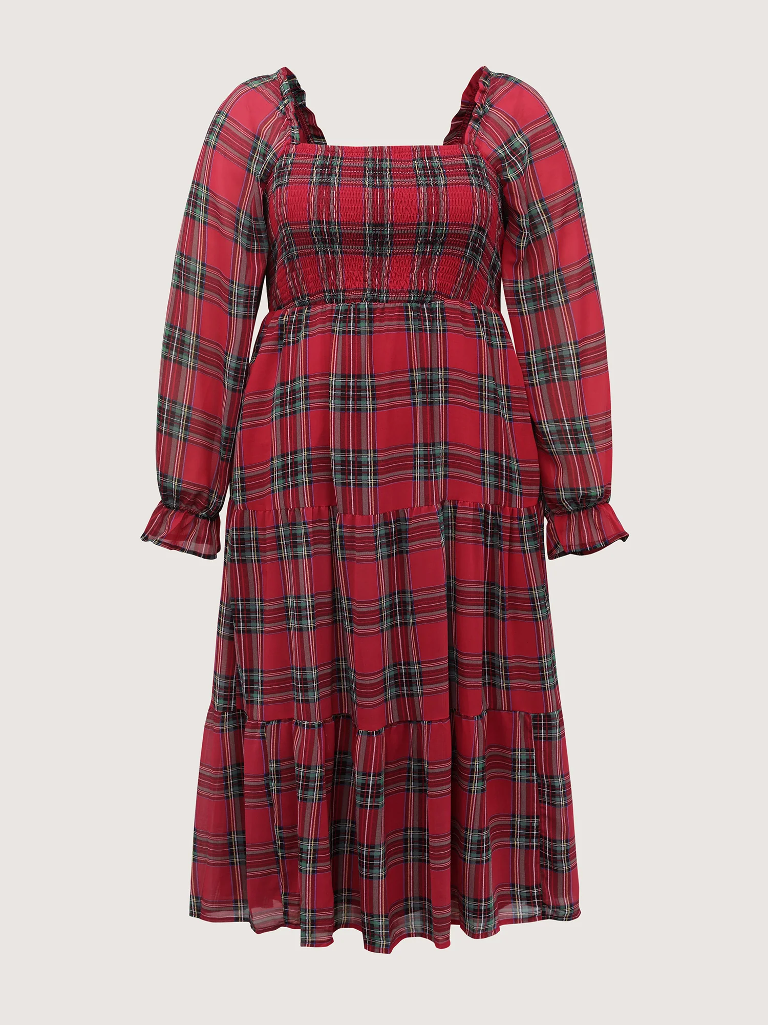 Holiday Plaid Shirred Bodice Maxi Dress