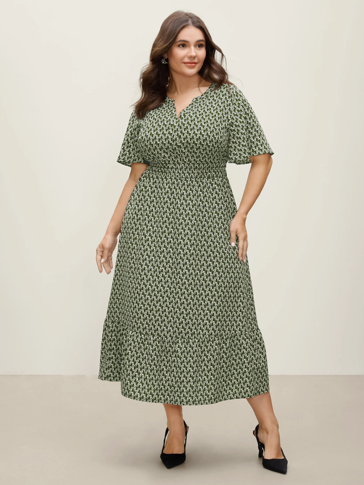 Geometric Print Waist-Cinched Tiered Midi Dress