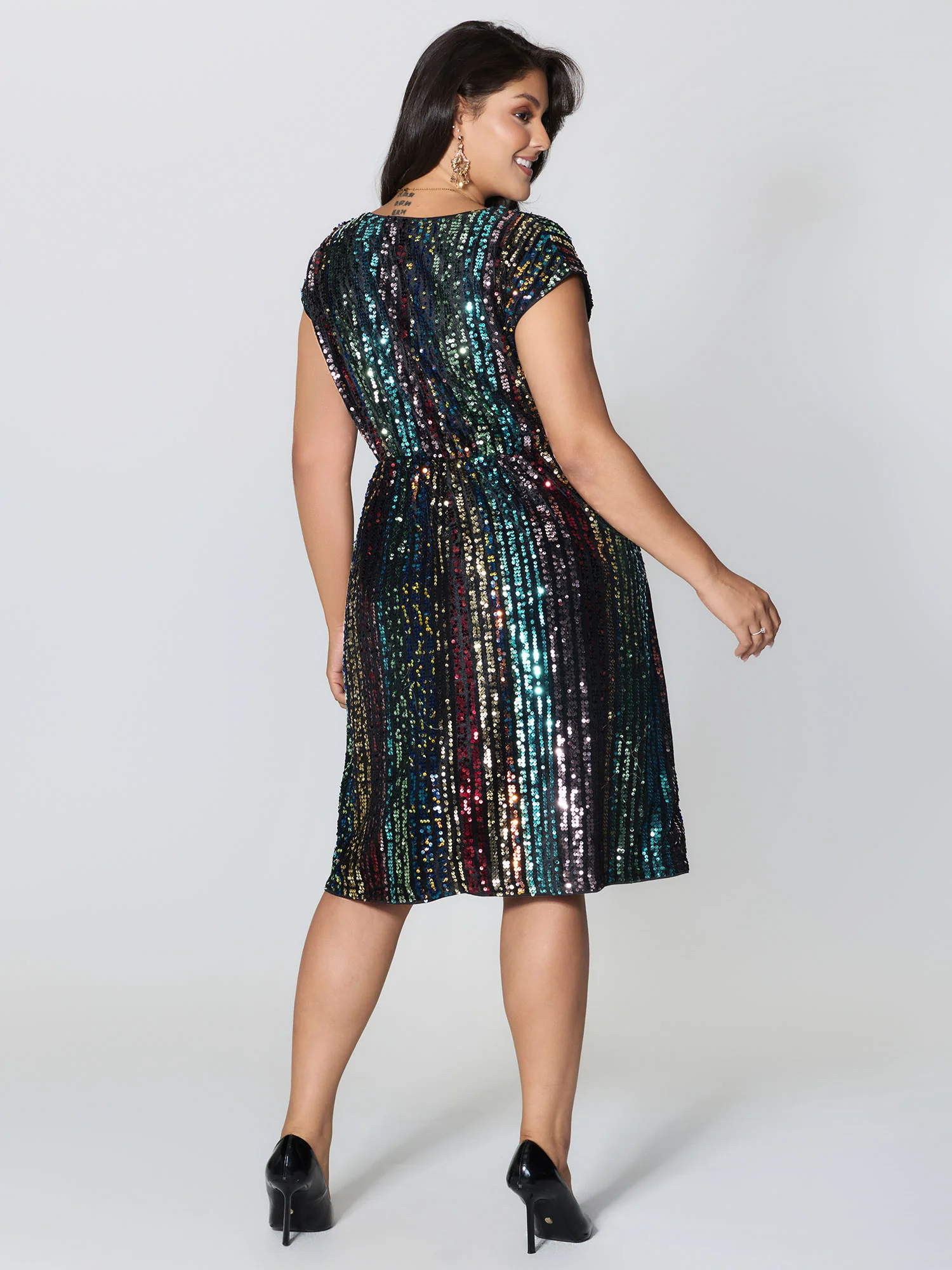 Shimmery Sequin Stripe Cinched-Waist Midi Dress