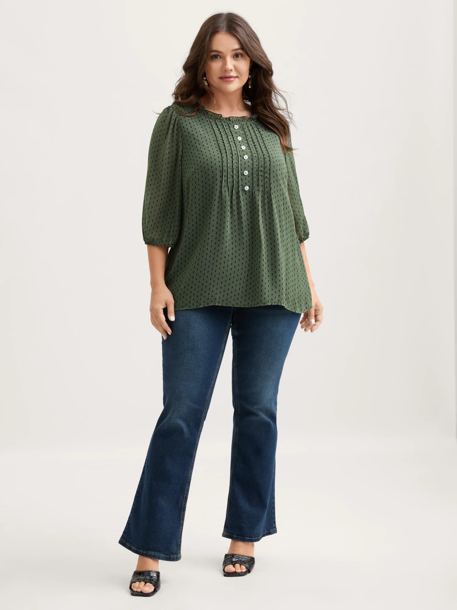 Polka Dots Pin Tuck Button Detail Blouse