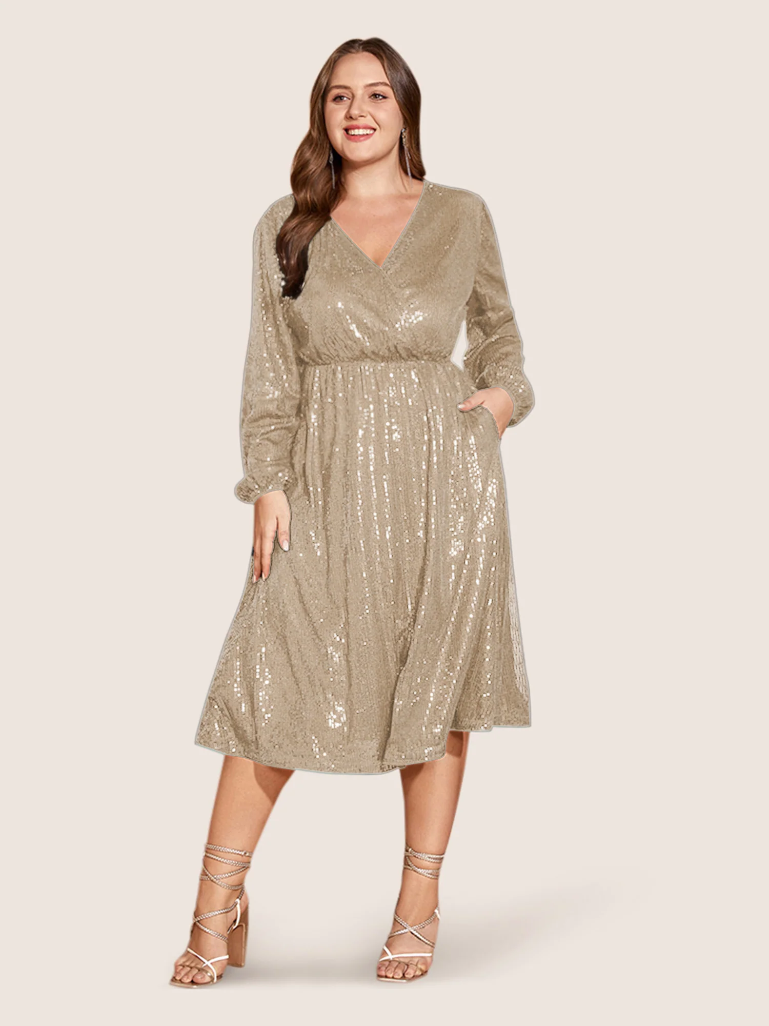 Solid Pocket Lantern Sleeve Wrap Sequin Dress