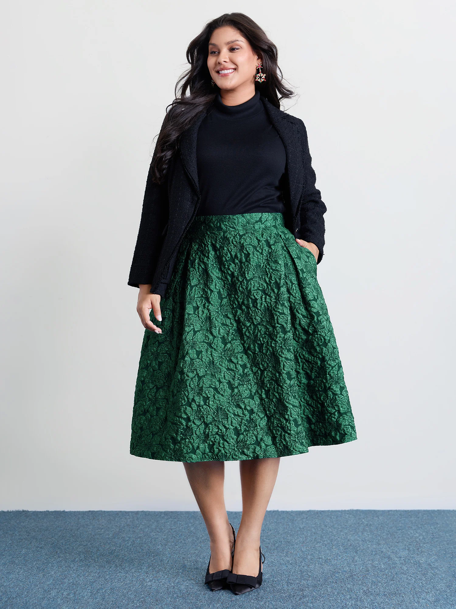 Floral Jacquard Pleated Midi Skirt