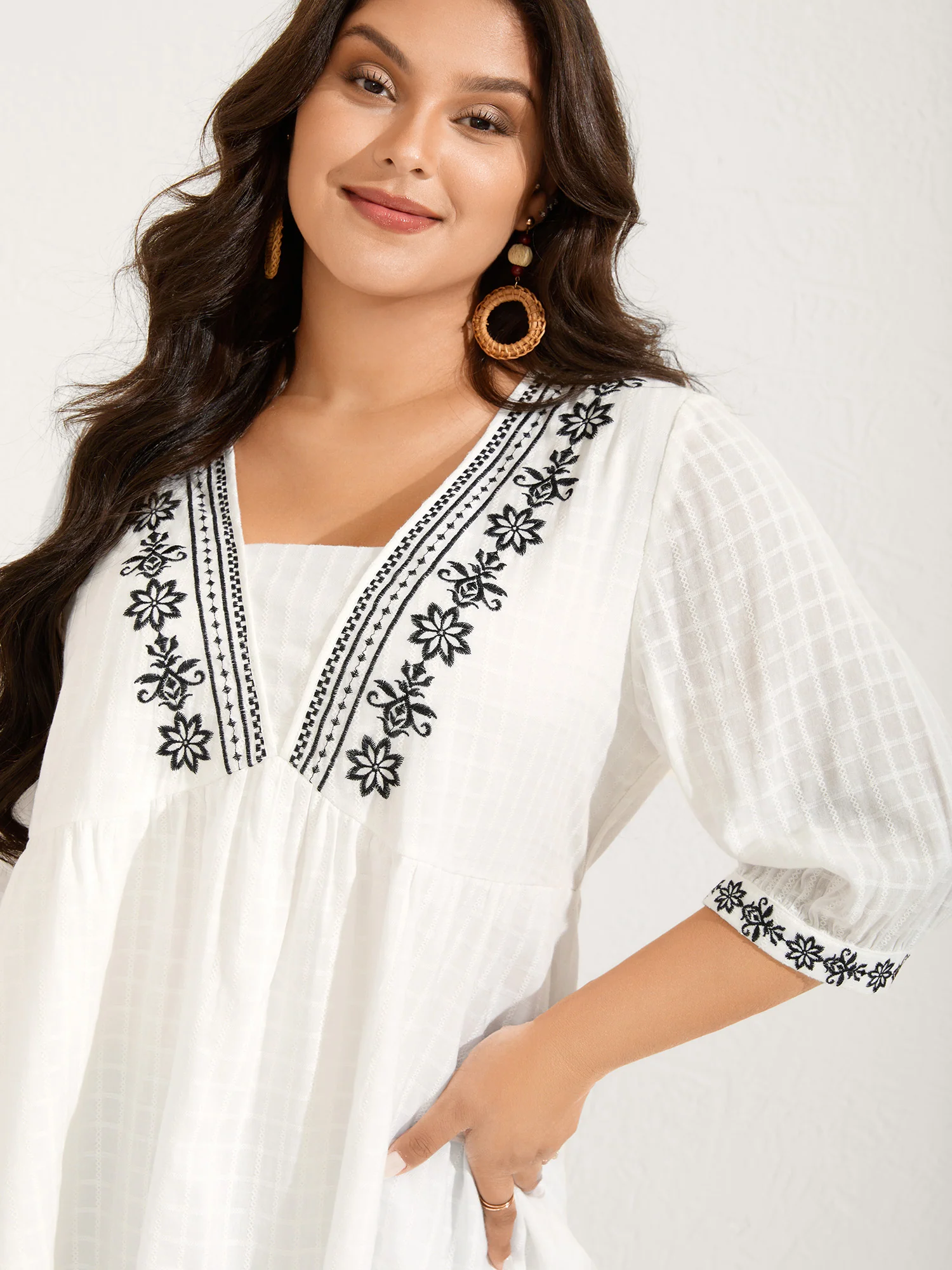 Pure Cotton Boho Embroidery Textured Blouse
