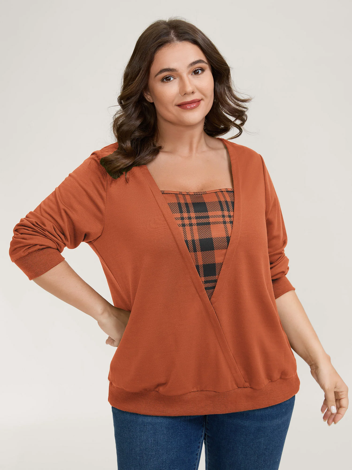 Plaid Spliced Wrap Contrast Sweatshirt