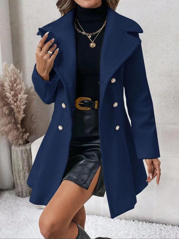 Women's Solid Double Button Pocket Overcoat, Casual Long Sleeve Lapel Neck Outerwear for Fall & Winter, Women's Clothes for Daily Wear, Clothing for Women, Cute Tops