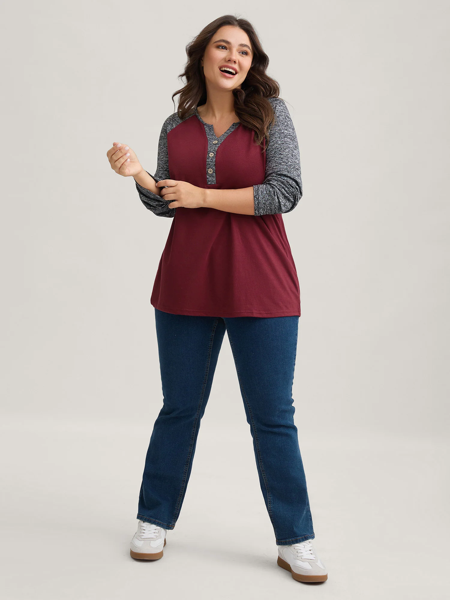 Heather Patchwork Button Detail Stretchy T-Shirt