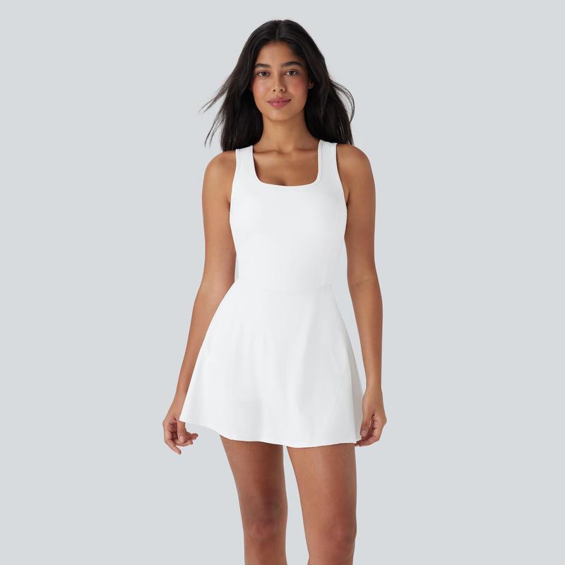 Women's U-Neck Backless Active Dress with Built-In Shorts