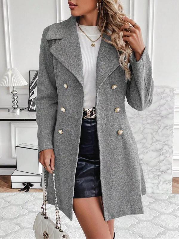 Women's Solid Double Button Pocket Overcoat, Casual Long Sleeve Lapel Neck Outerwear for Fall & Winter, Women's Clothes for Daily Wear, Clothing for Women, Cute Tops