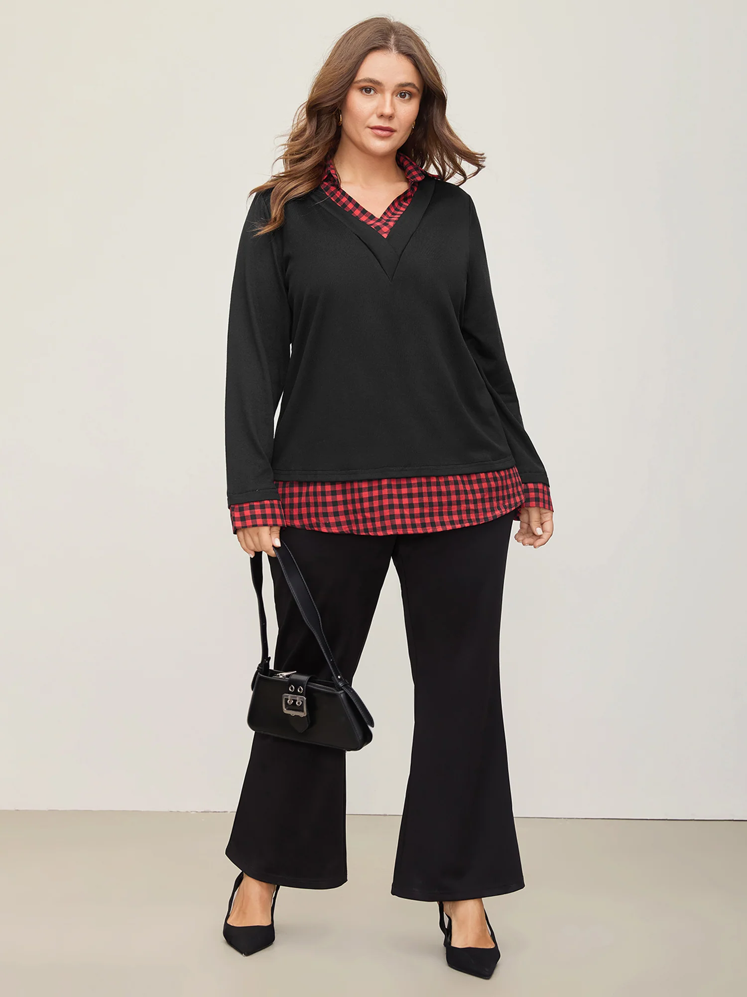 Gingham Patchwork Shirt Collar Arc Hem Sweatshirt