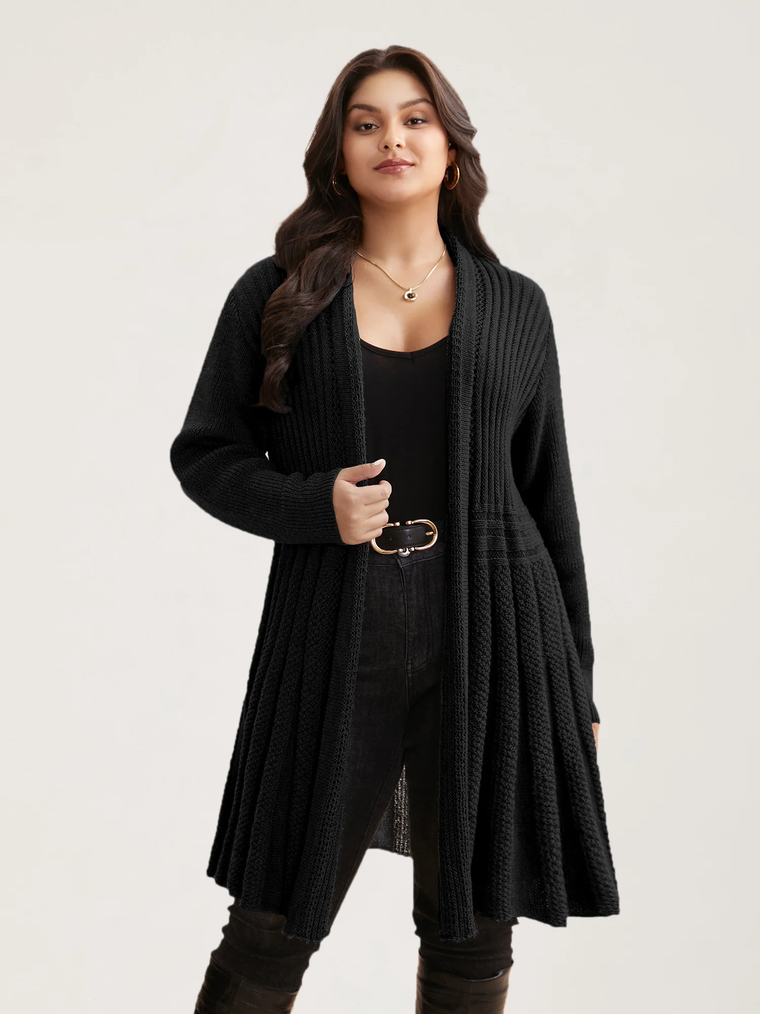Plain Textured Kimono Collar Cardigan