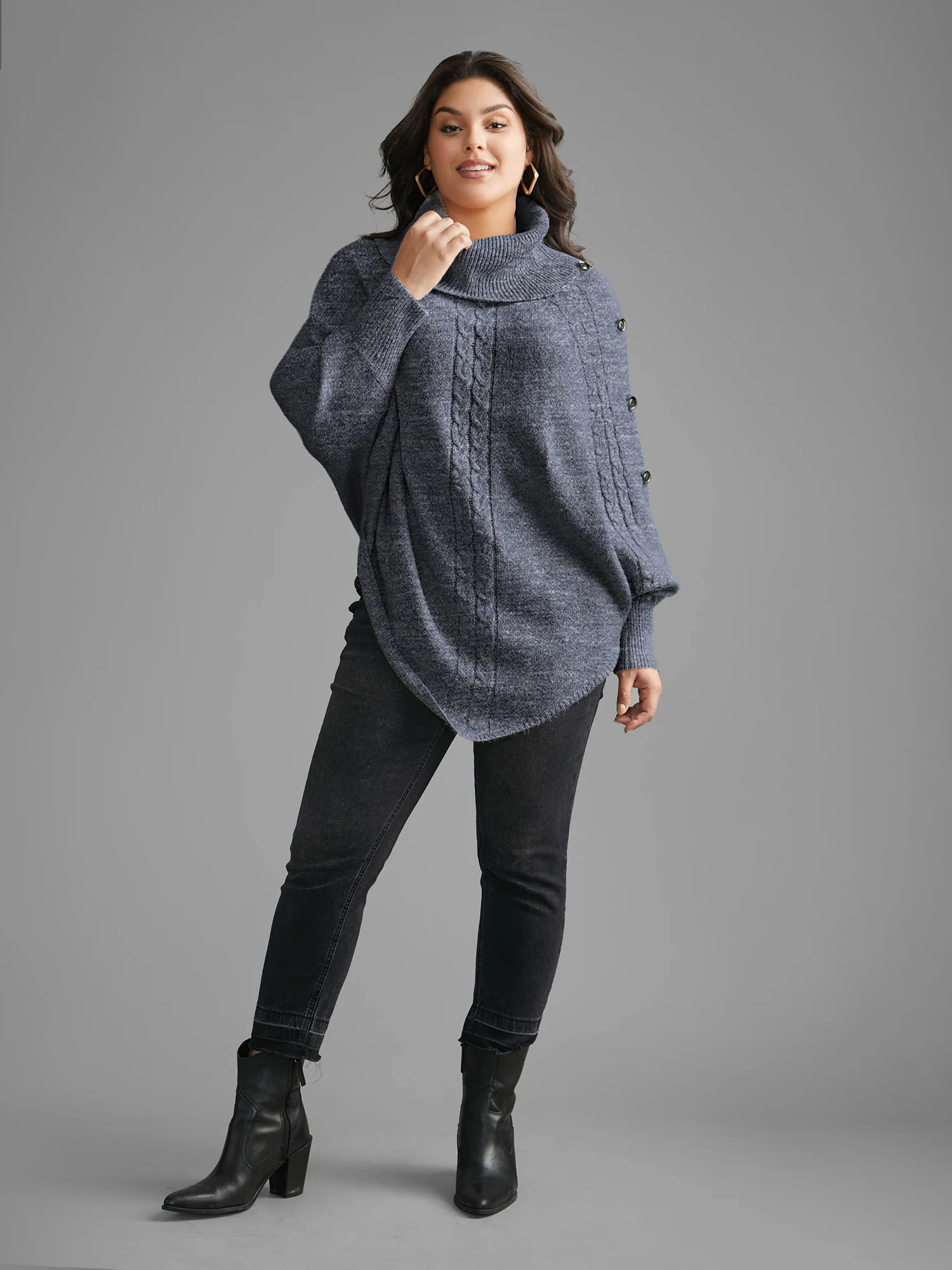 Turtleneck Cable Knit Asymmetrical Hem Pullover