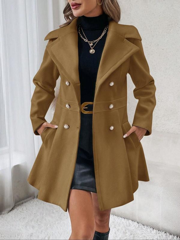 Women's Solid Double Button Pocket Overcoat, Casual Long Sleeve Lapel Neck Outerwear for Fall & Winter, Women's Clothes for Daily Wear, Clothing for Women, Cute Tops