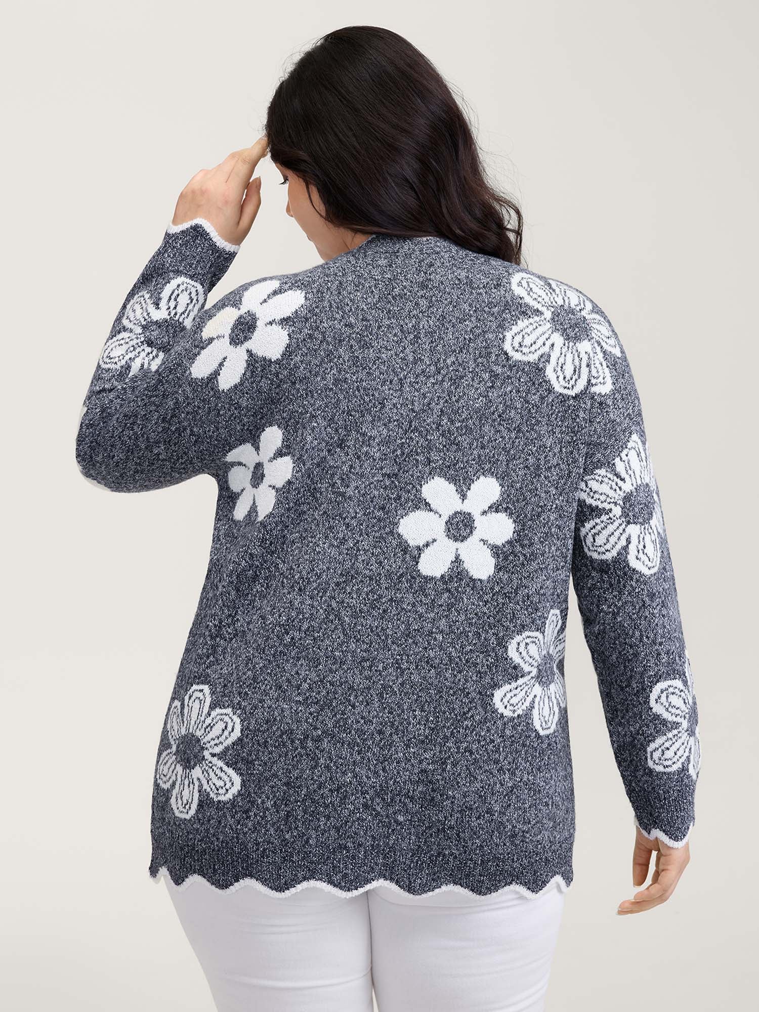 Floral Pattern Open-Front Knitted Cardigan