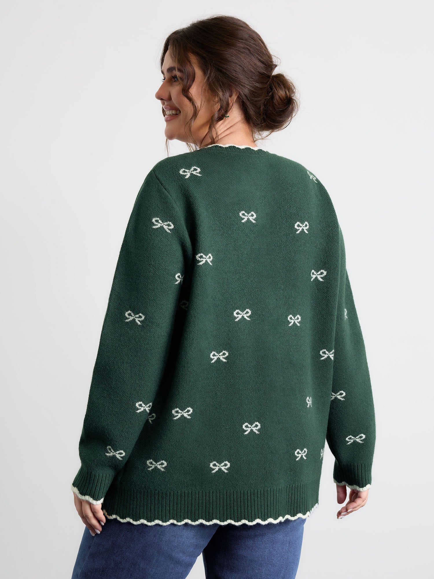 Bowknot Jacquard Wavy Edge Knit Cardigan