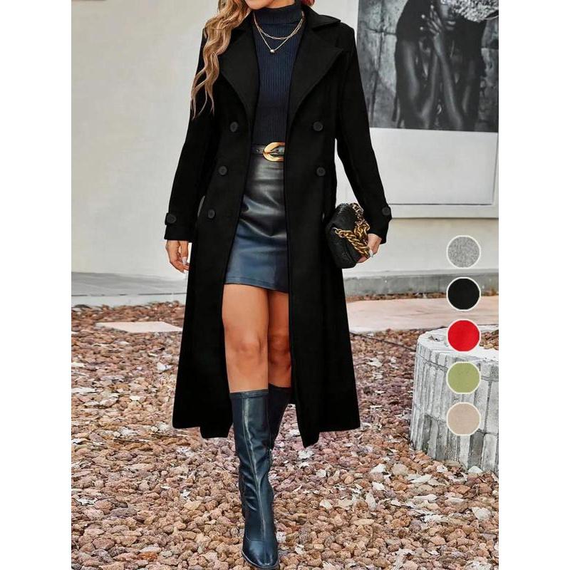 Women Solid Color Double Button Lapel Wool Coat Elegant Long Sleeve Long Coat Autumn Winter Women Clothing