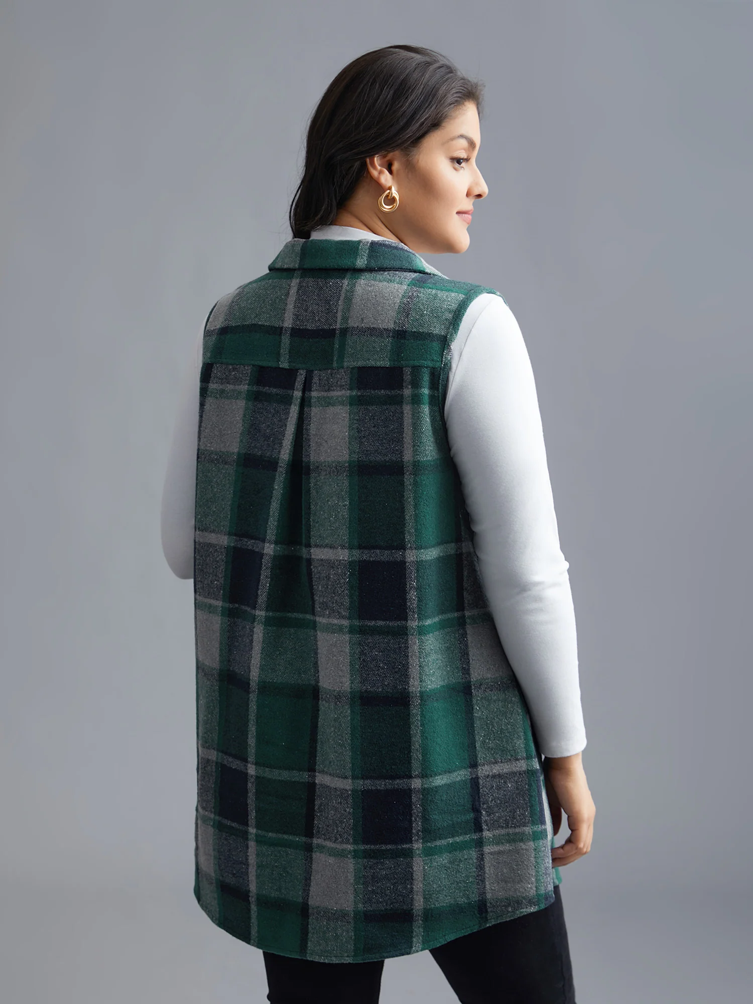 Plaid Flap Detail Sleeveless Jacket