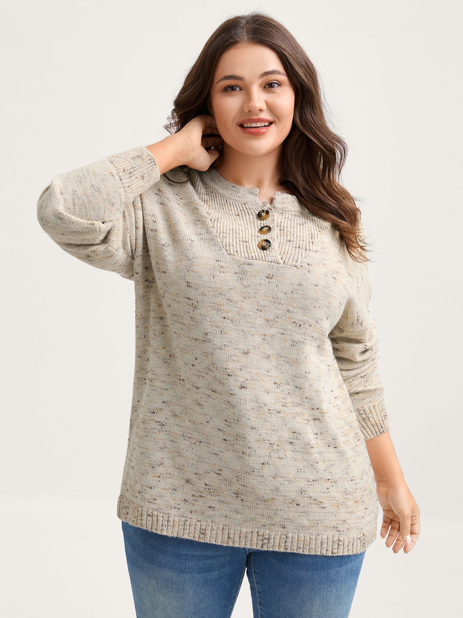Heather Textured Button Neck Pullover