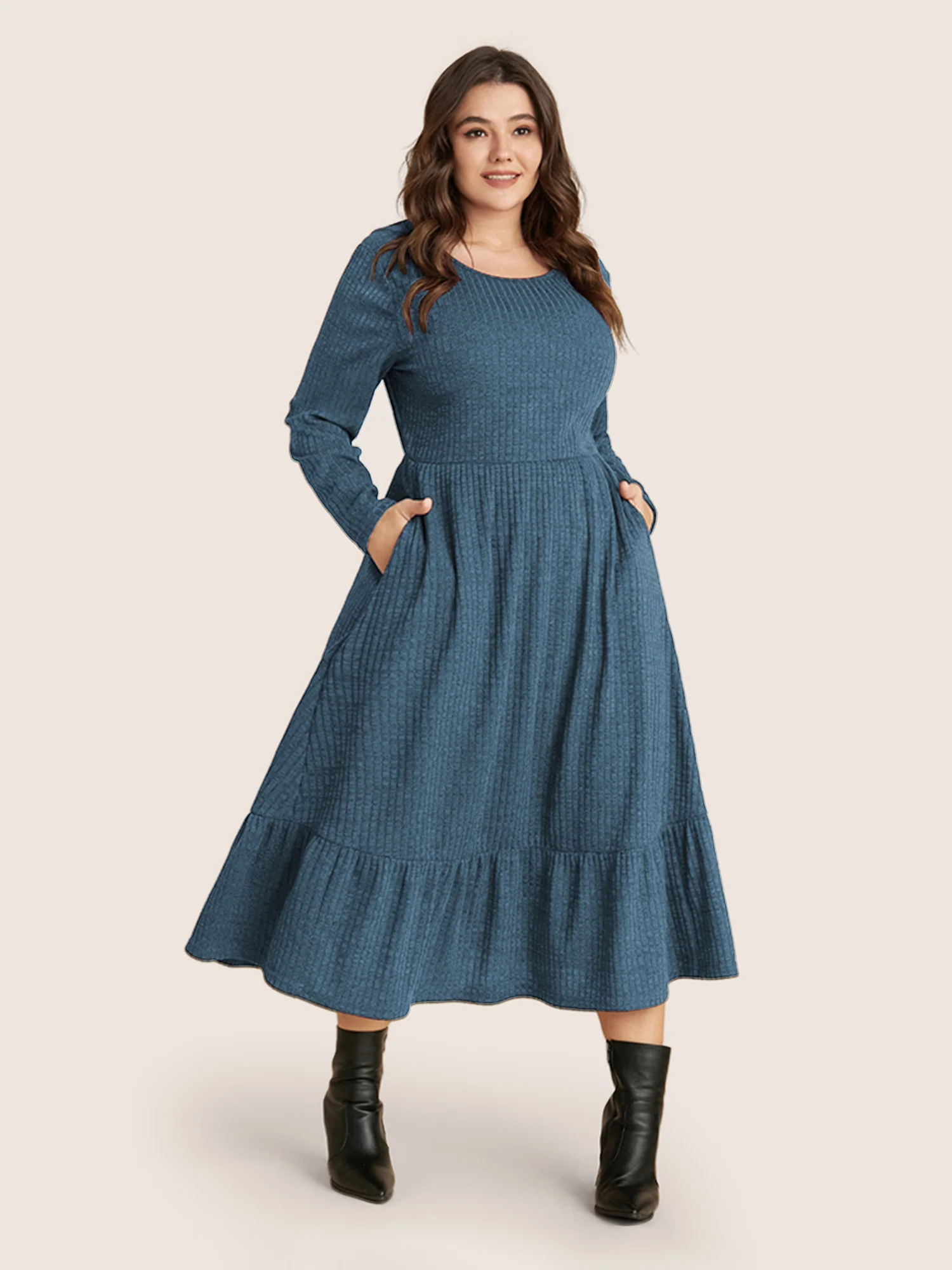 Solid Pocket Rib Knit Ruffle Hem Dress Without Belt