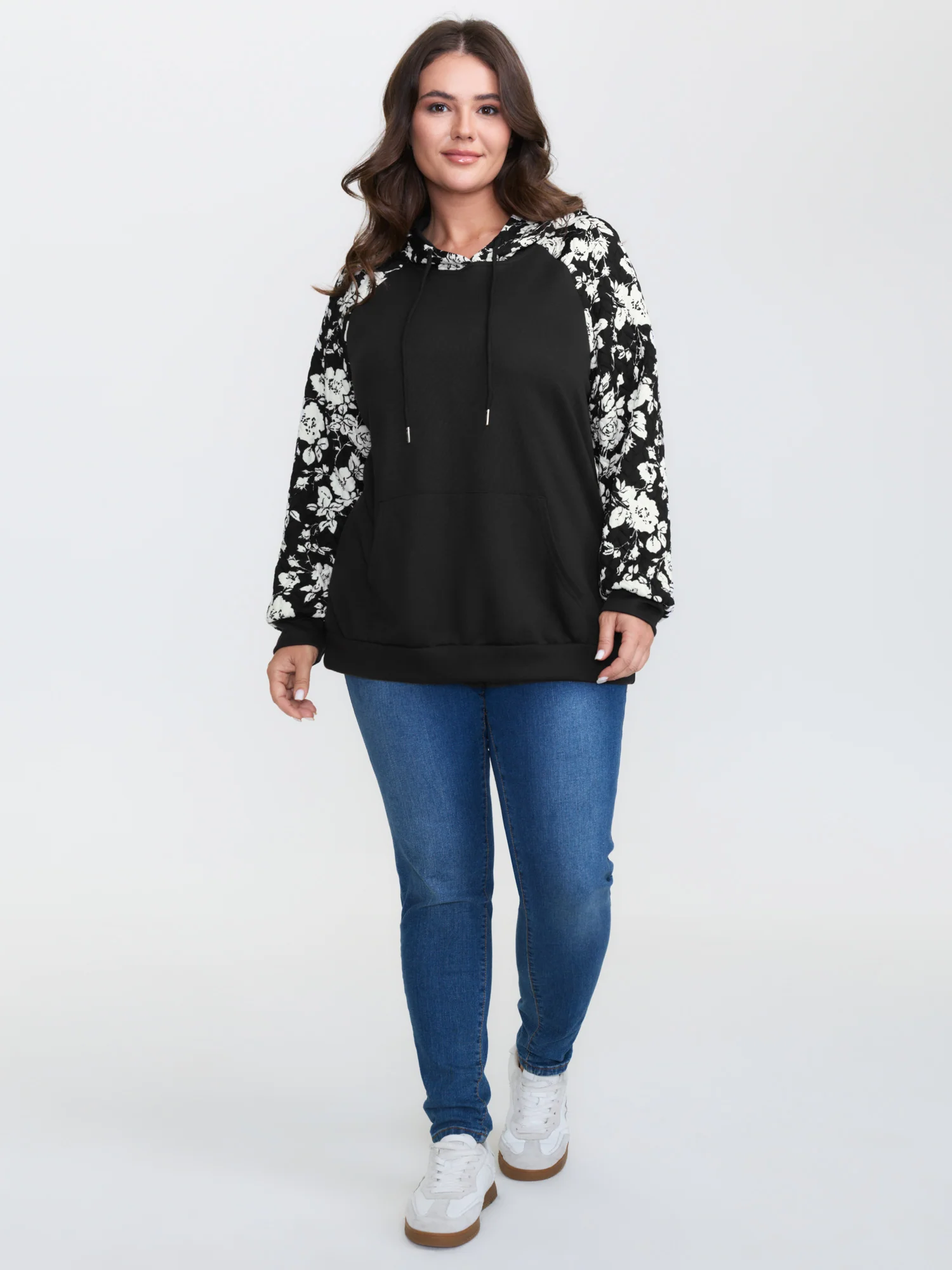 Floral Contrast Textured Pockets Hoodie