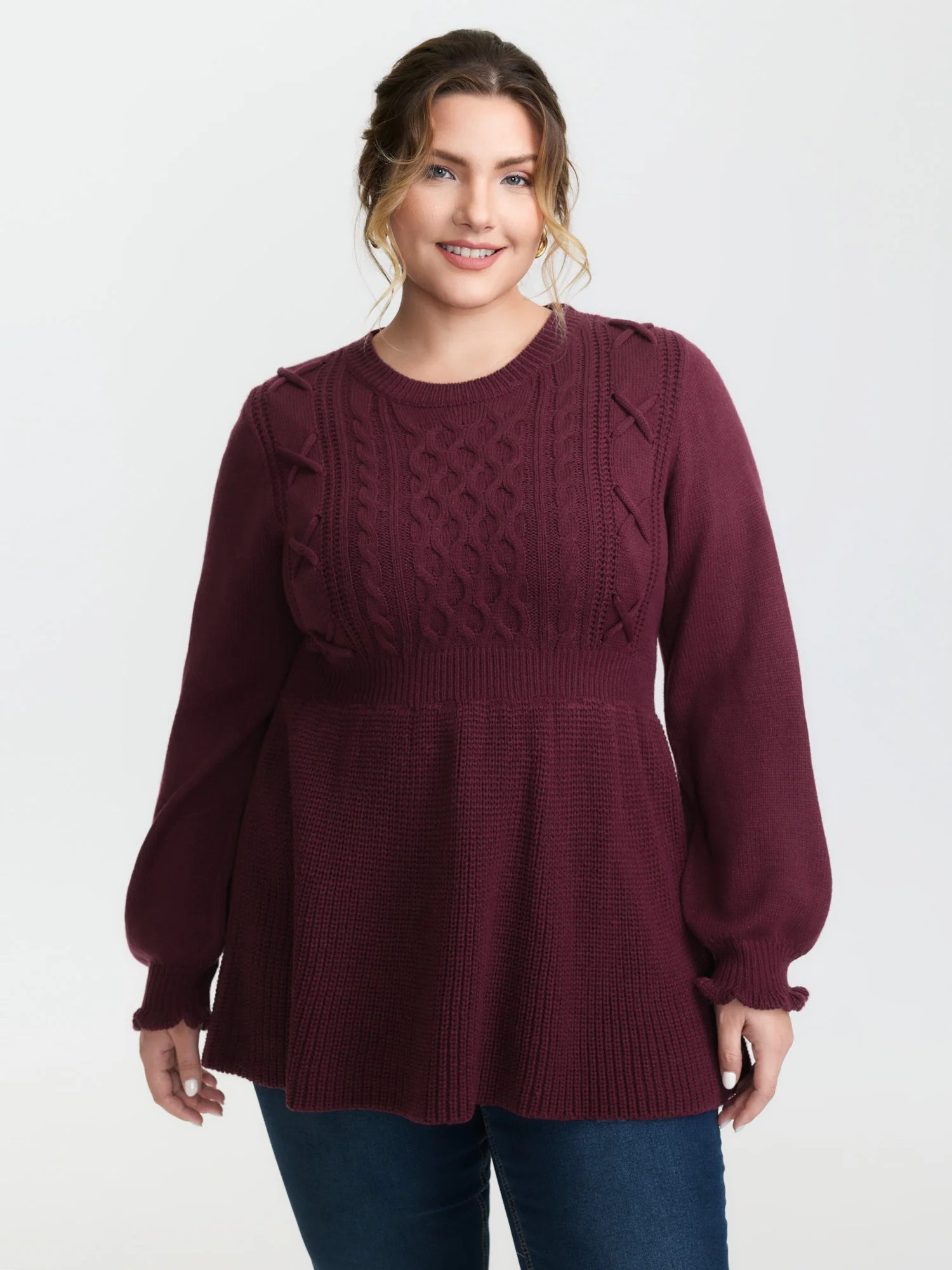 Textured Ruffled Lantern Sleeve Pullover