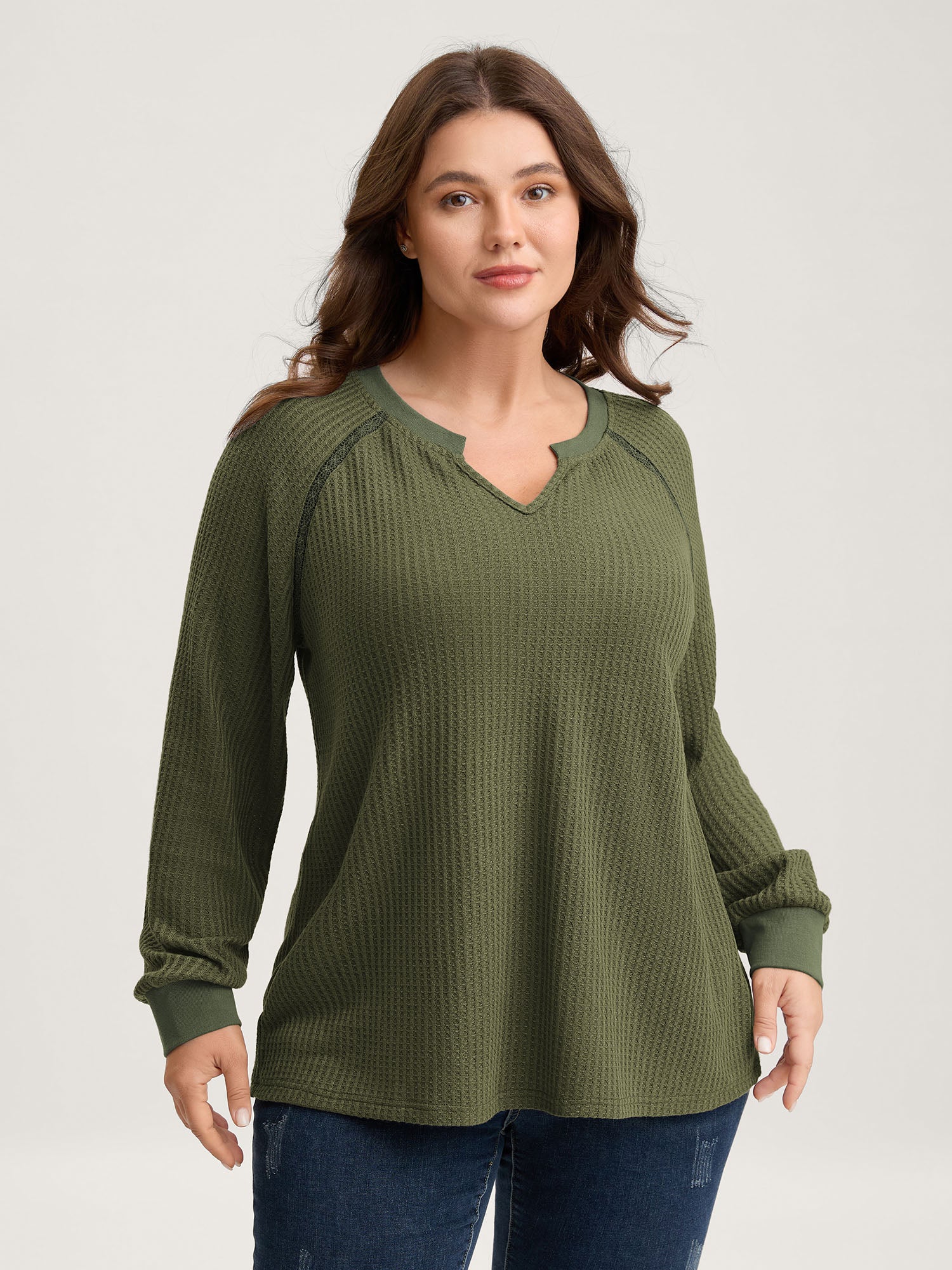 Waffle Grid Notched Collar Lace Sweatshirt