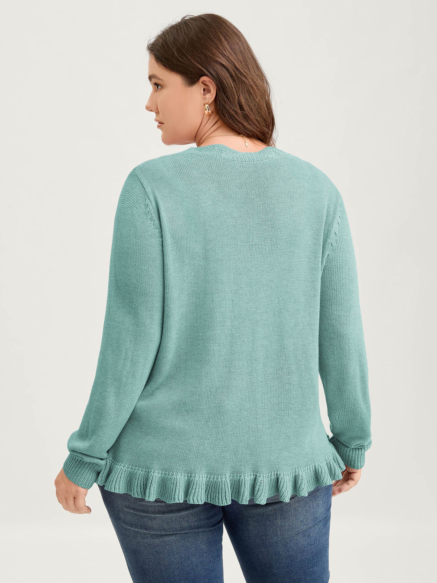 Supersoft Textured Floral Button Ruffled Hem Knit Cardigan