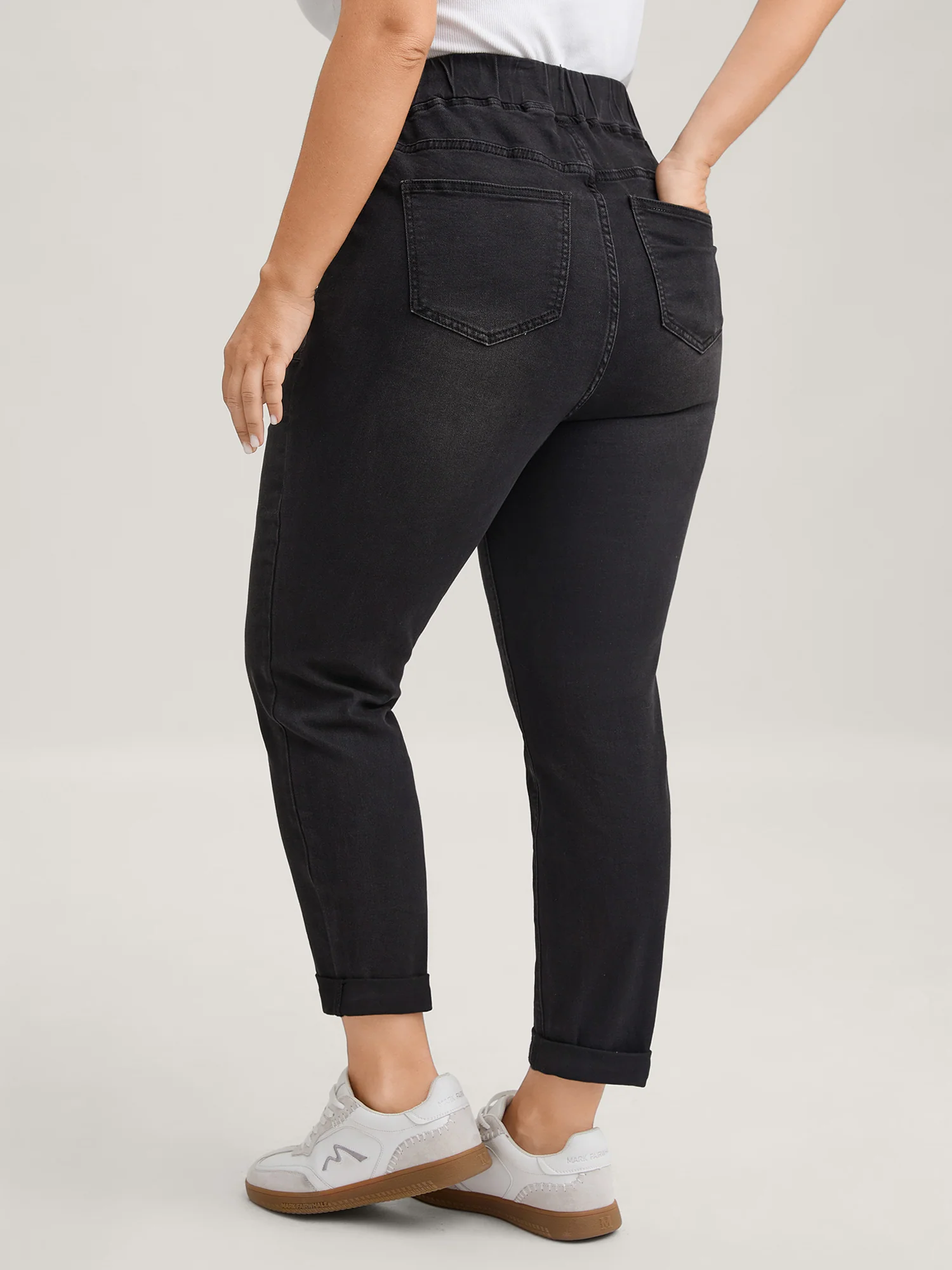 Drawstring Elastic Waist Roll Hem Jeans