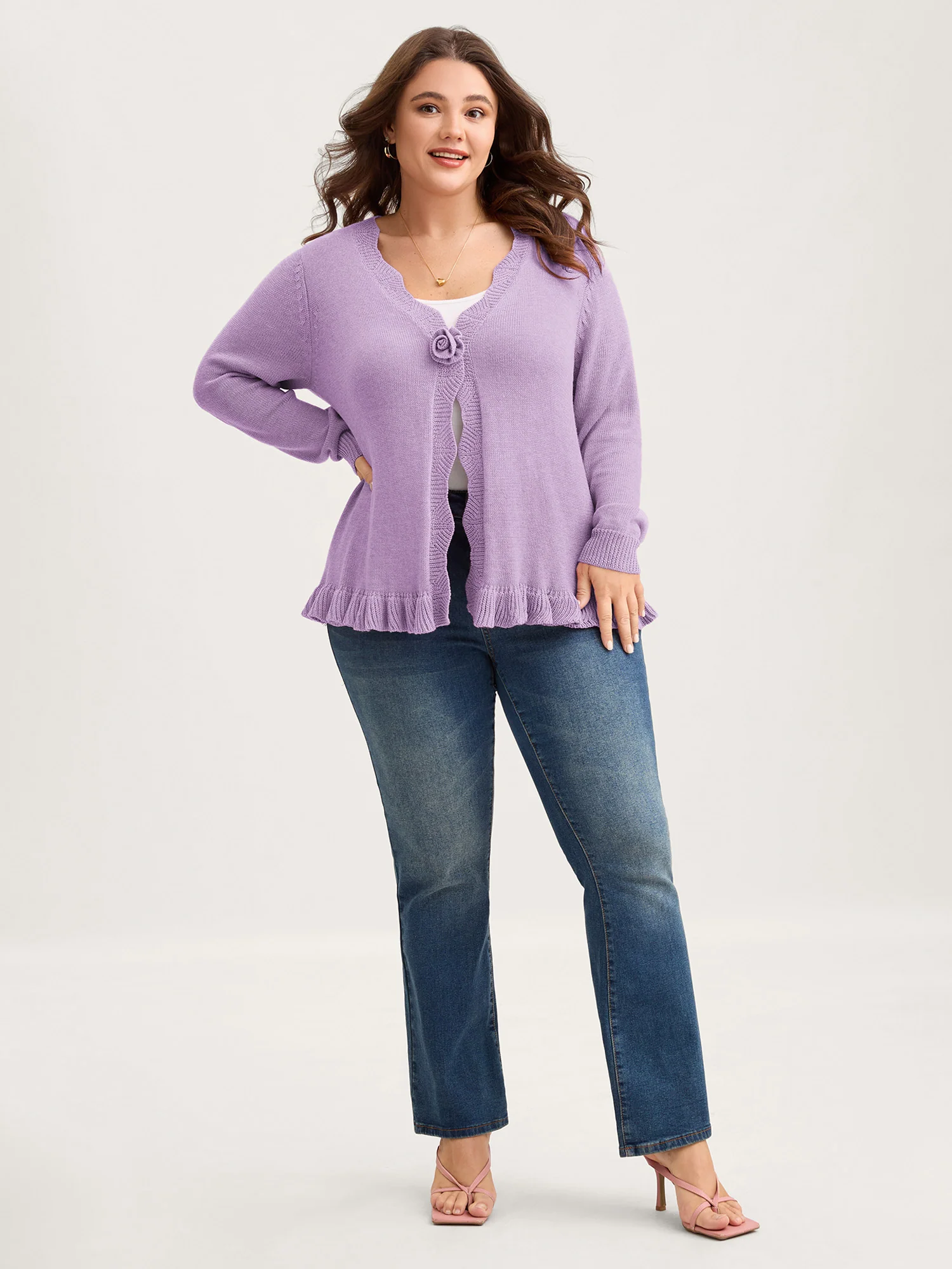 Supersoft Textured Floral Button Ruffled Hem Knit Cardigan