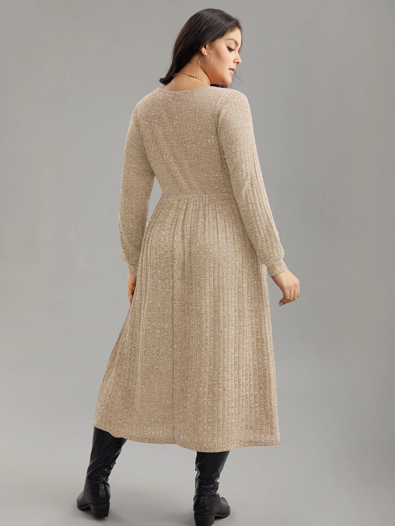 Rib Knit Plain Plisse Long Sleeve Dress