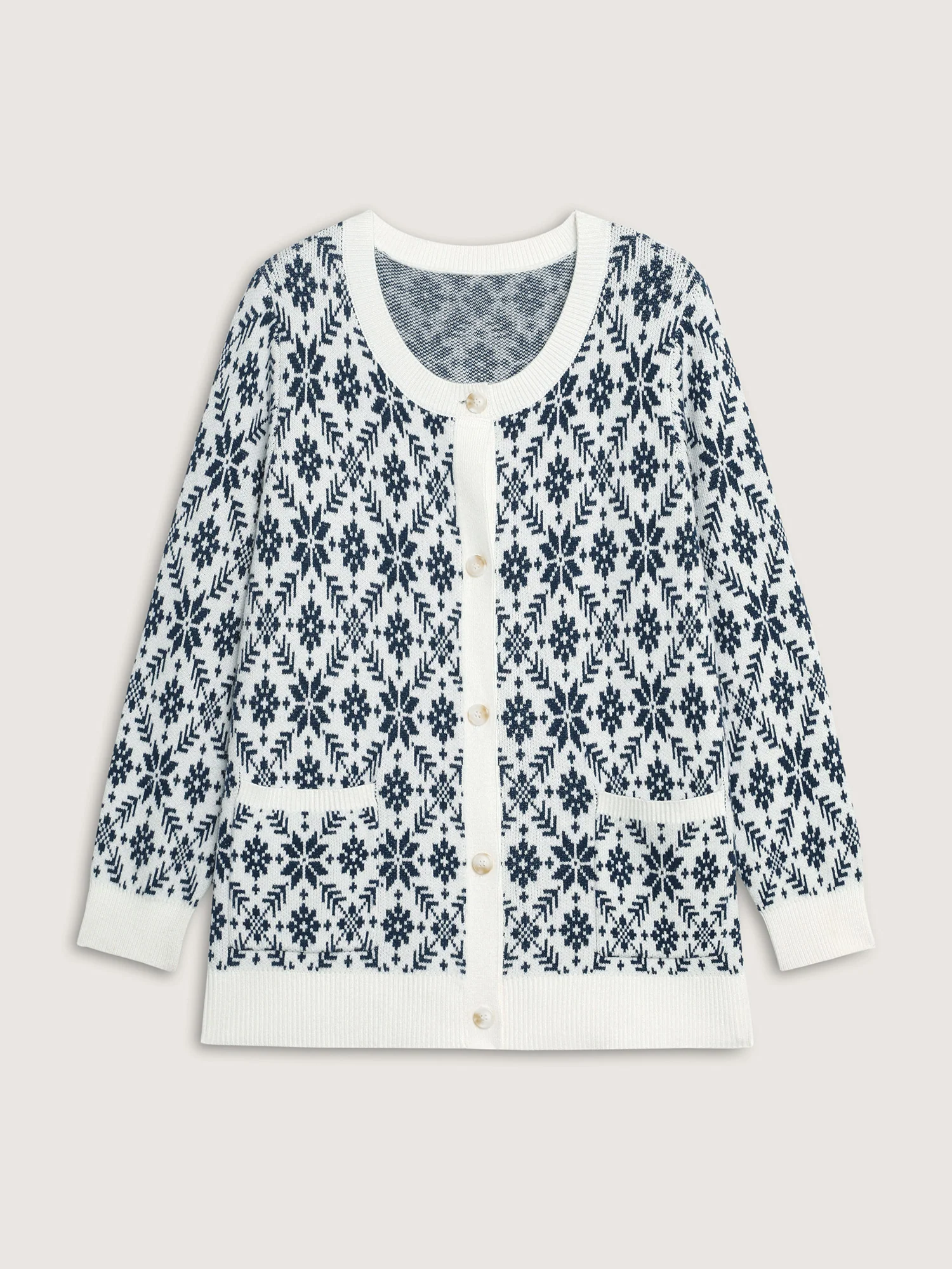 Supersoft Snowflake Jacquard Pattern Pockets Knit Cardigan