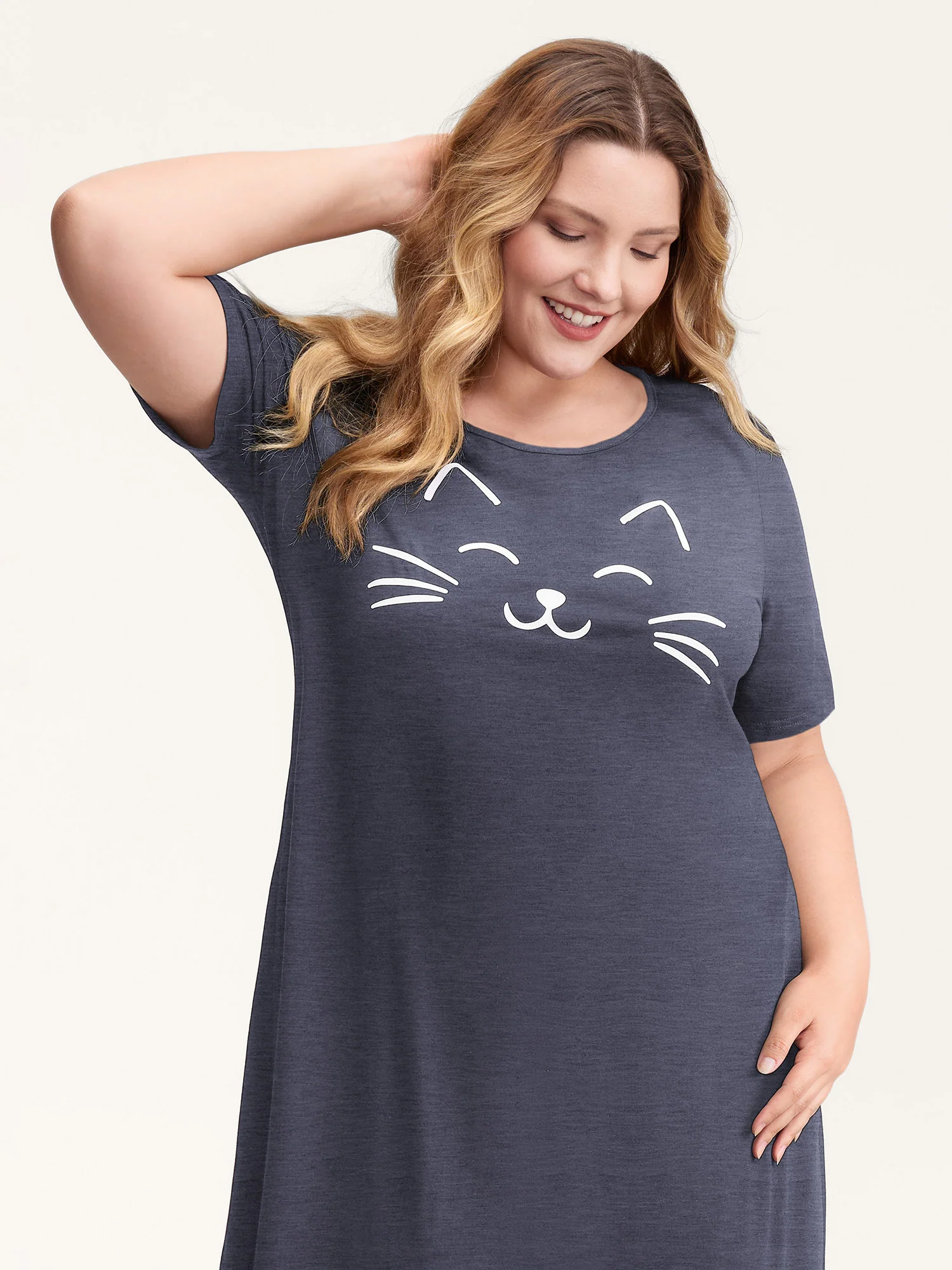 Happy Cat Print Stretchy Contrast Sleep Dress