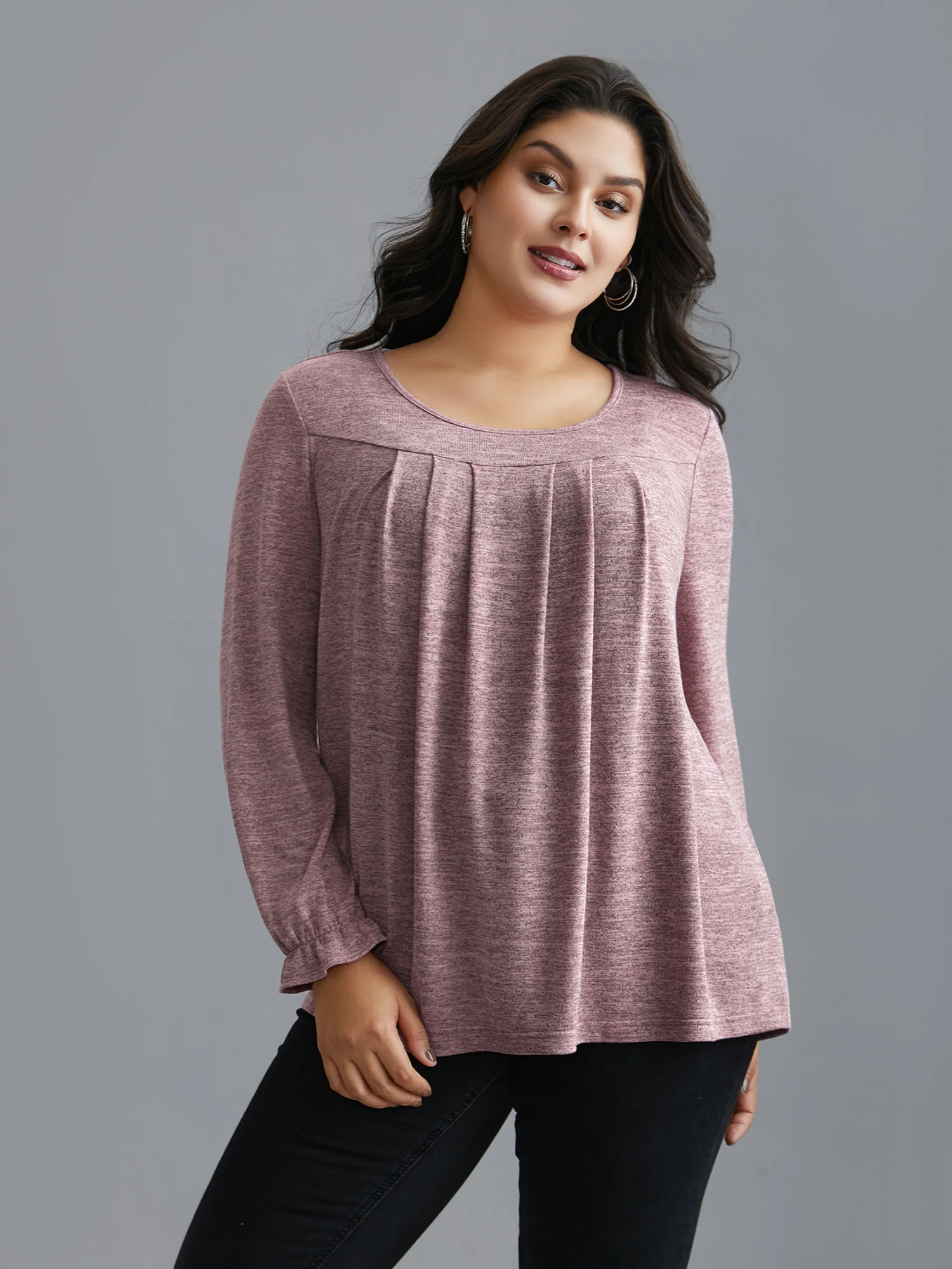 Round Neck Heather Pleated T-shirt