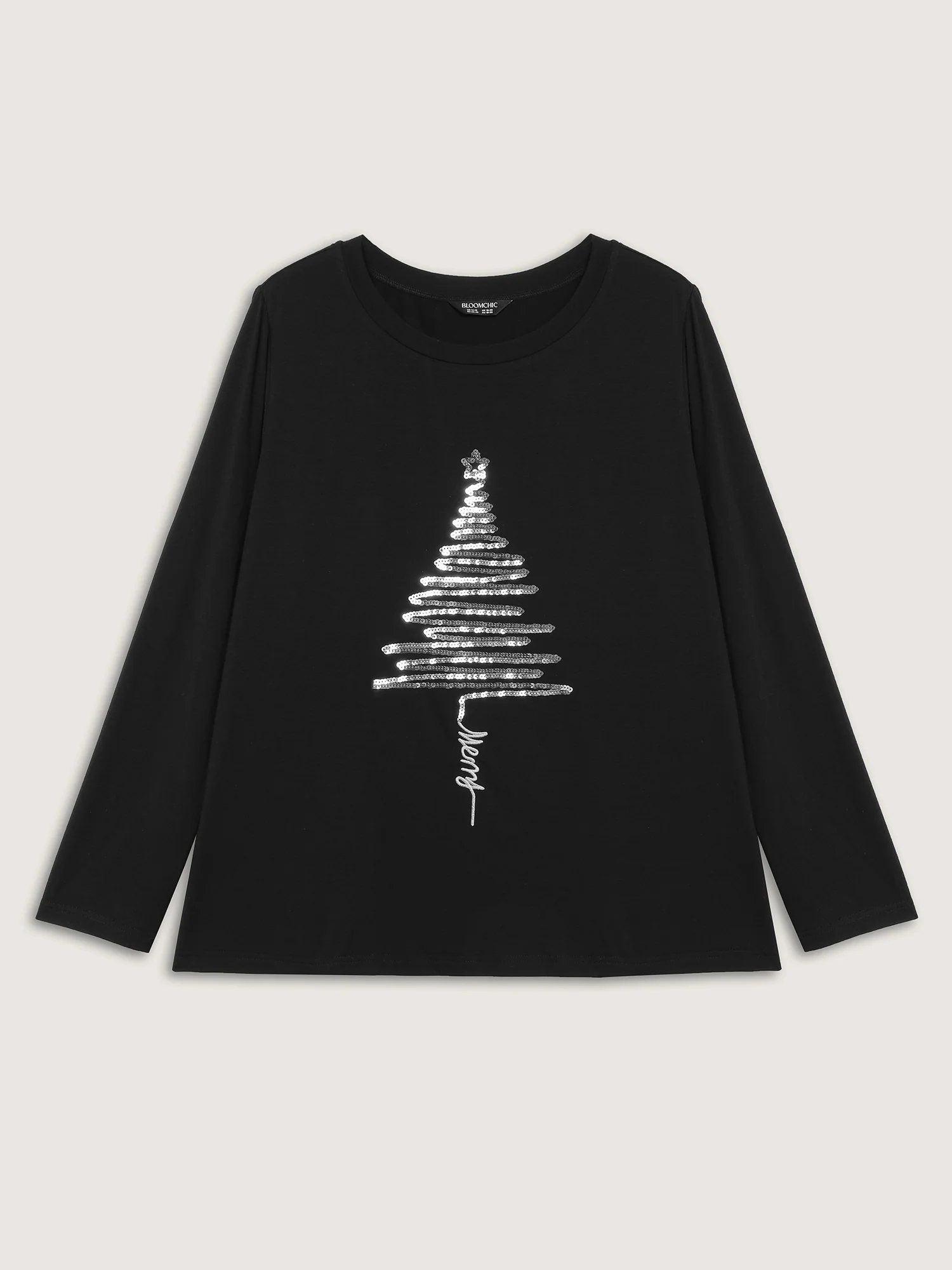 Sequin Cord Embroidered Tree Round Neck T-Shirt