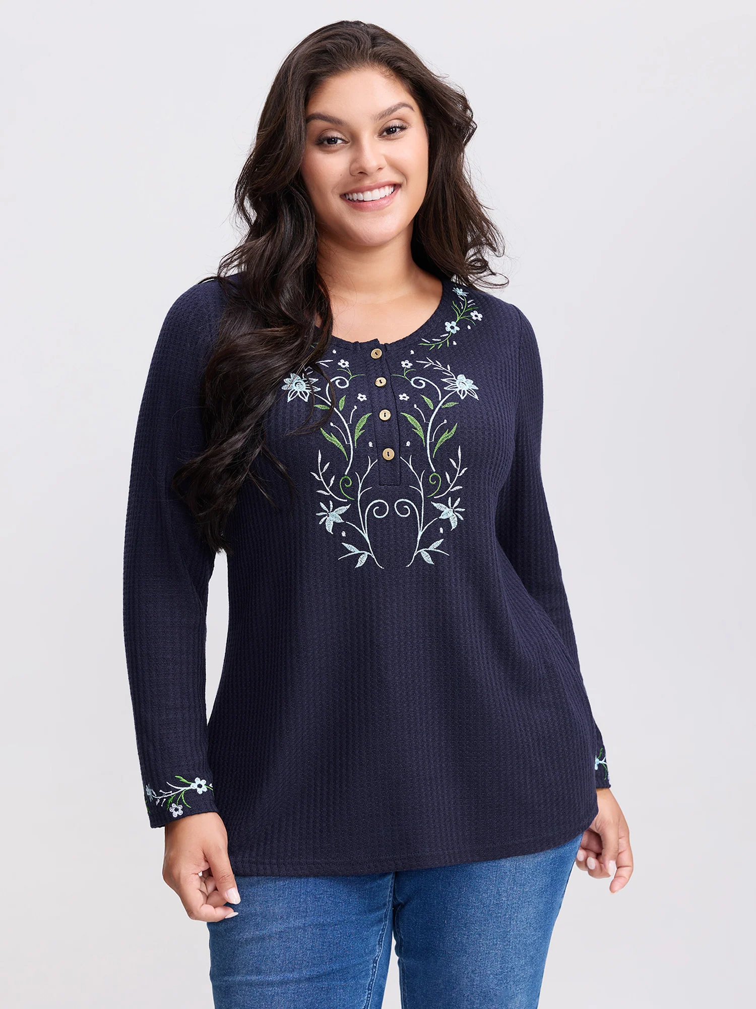 Floral Embroidery Textured Round Neck T-Shirt