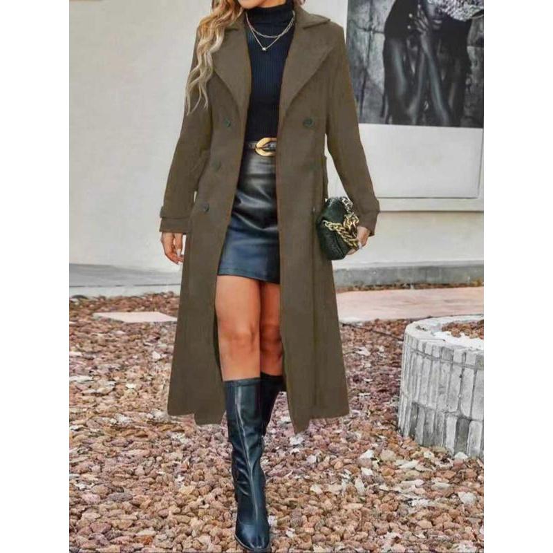 Women Solid Color Double Button Lapel Wool Coat Elegant Long Sleeve Long Coat Autumn Winter Women Clothing