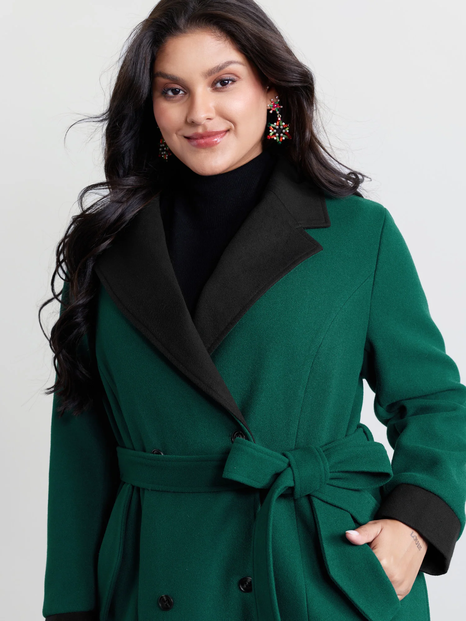 Color Contrast Belted Lined Coat