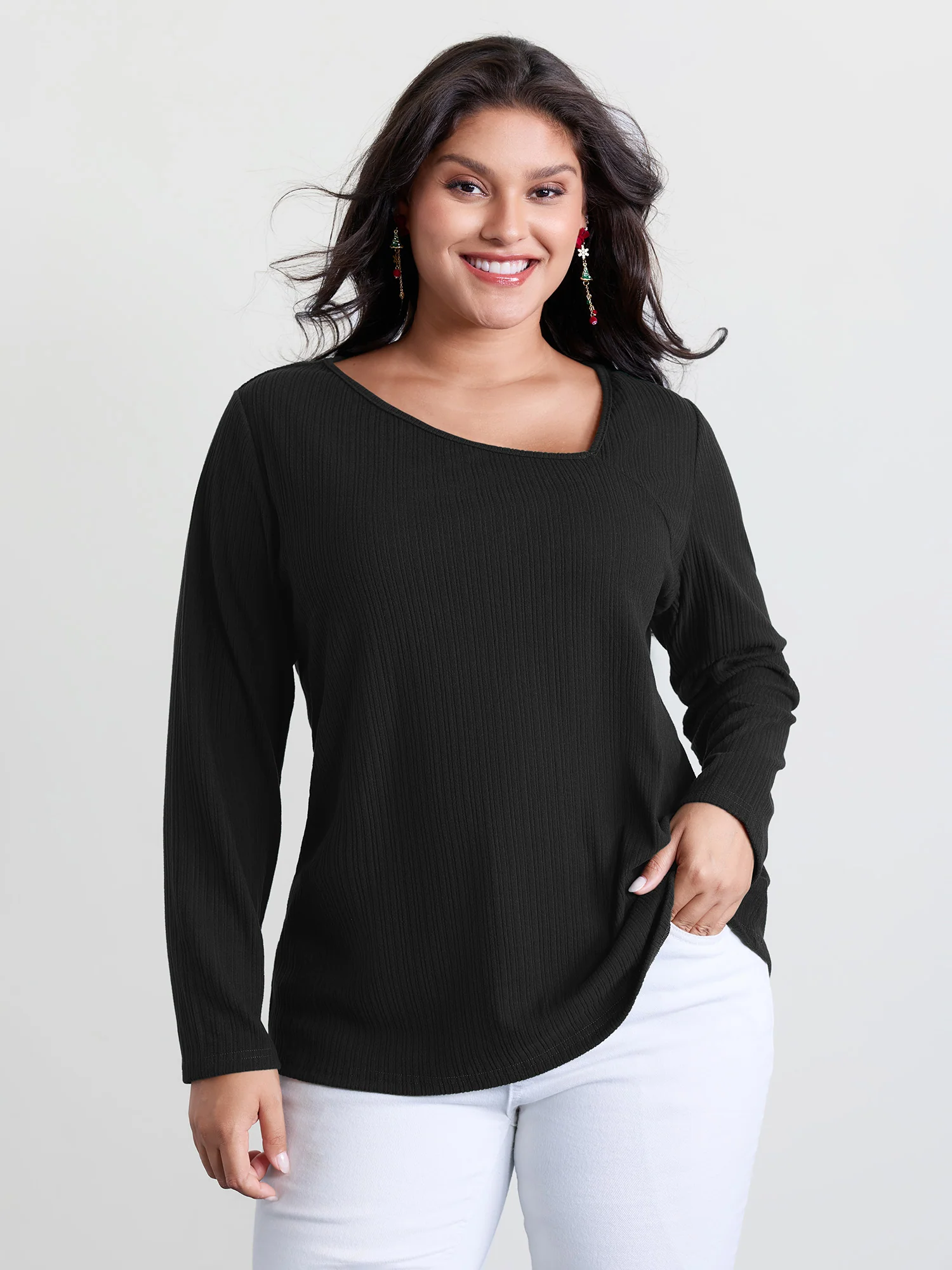 Super Stretchy Ribbed Asymmetrical Neck T-Shirt